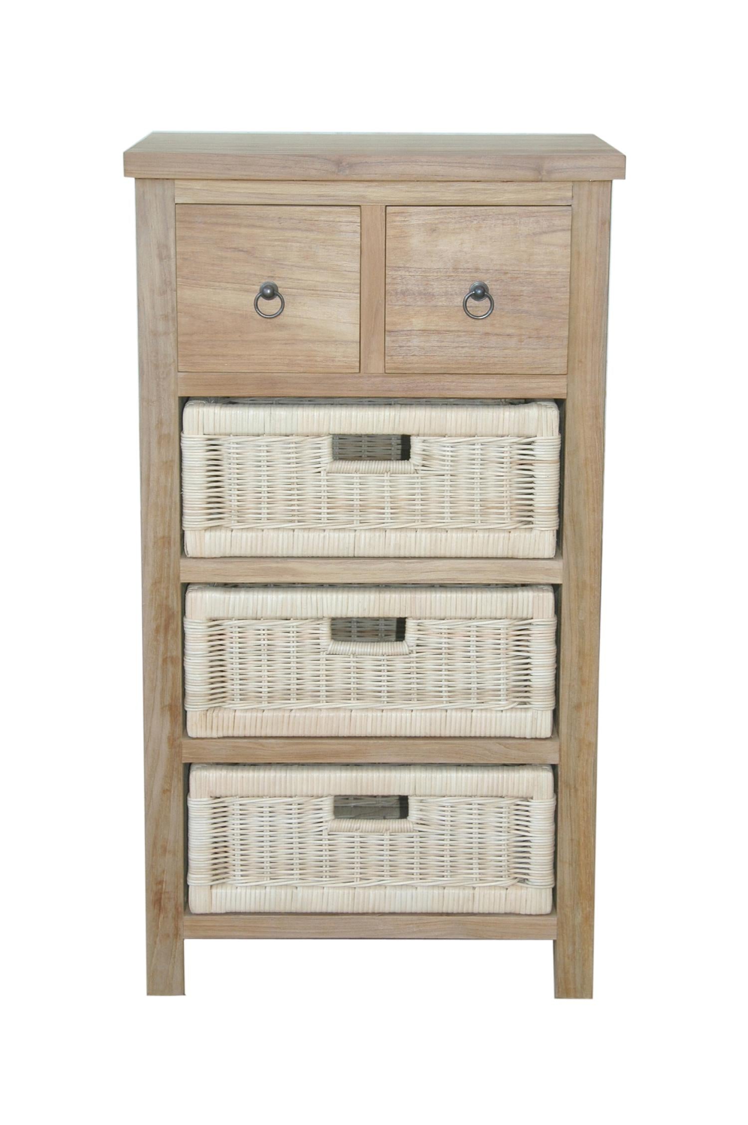 Anderson Teak Safari Occasional Table with Drawers & Rattan Baskets – Teak Storage Side Table