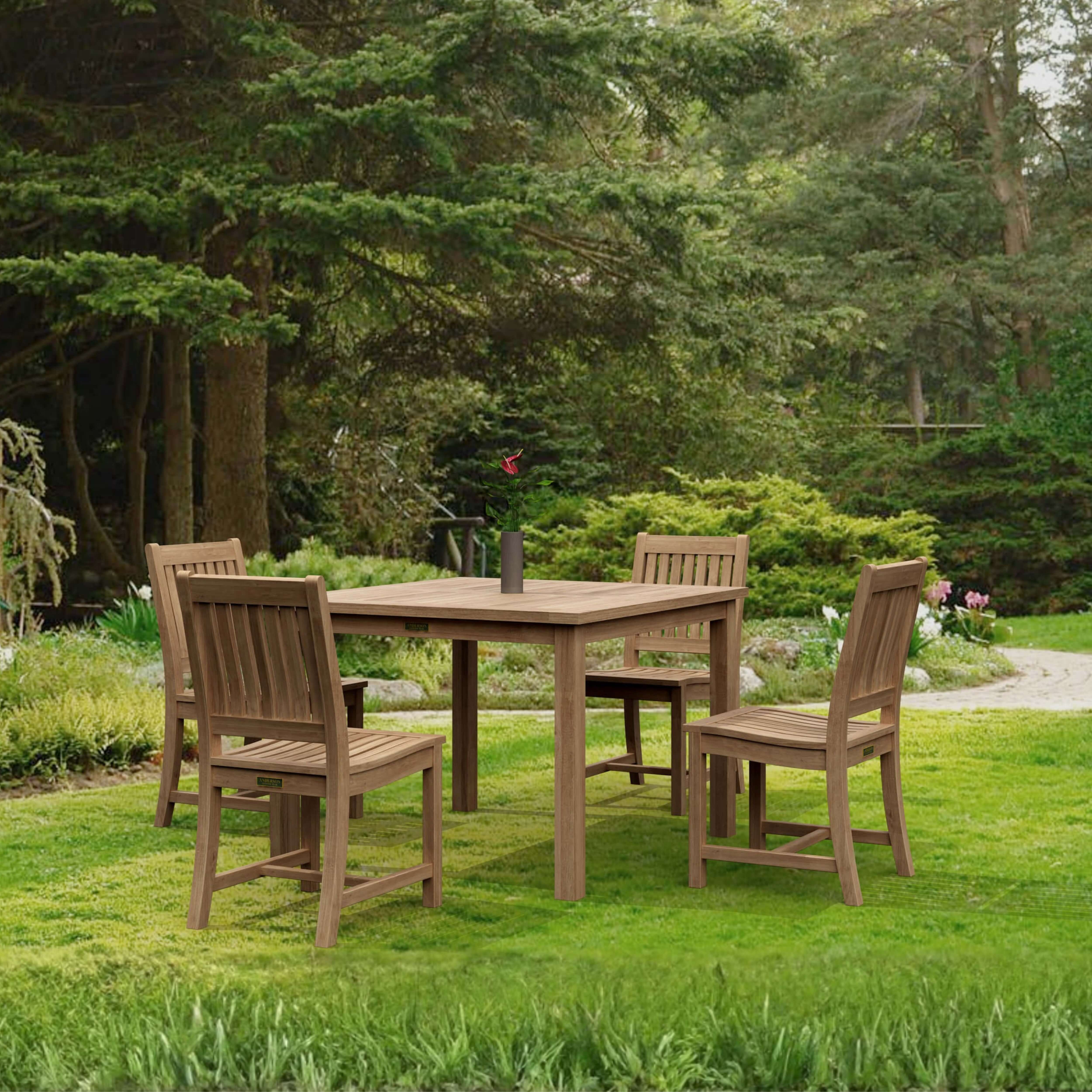 Anderson Teak Bahama 5-Piece Outdoor Dining Set with 42" Square Teak Table & Rialto Dining Chairs – Premium Solid Teak Patio Furniture