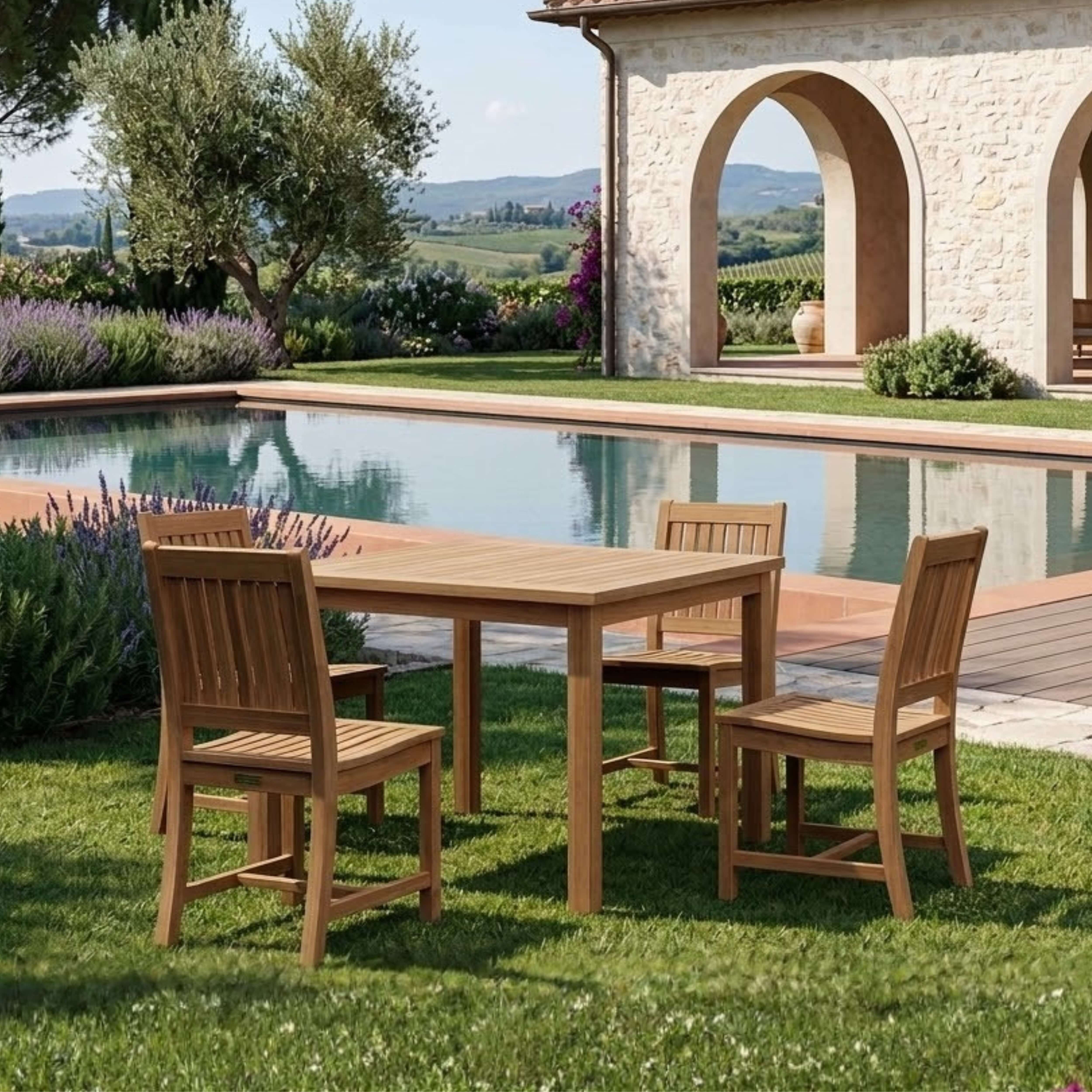 Anderson Teak Bahama 5-Piece Outdoor Dining Set with 42" Square Teak Table & Rialto Dining Chairs – Premium Solid Teak Patio Furniture