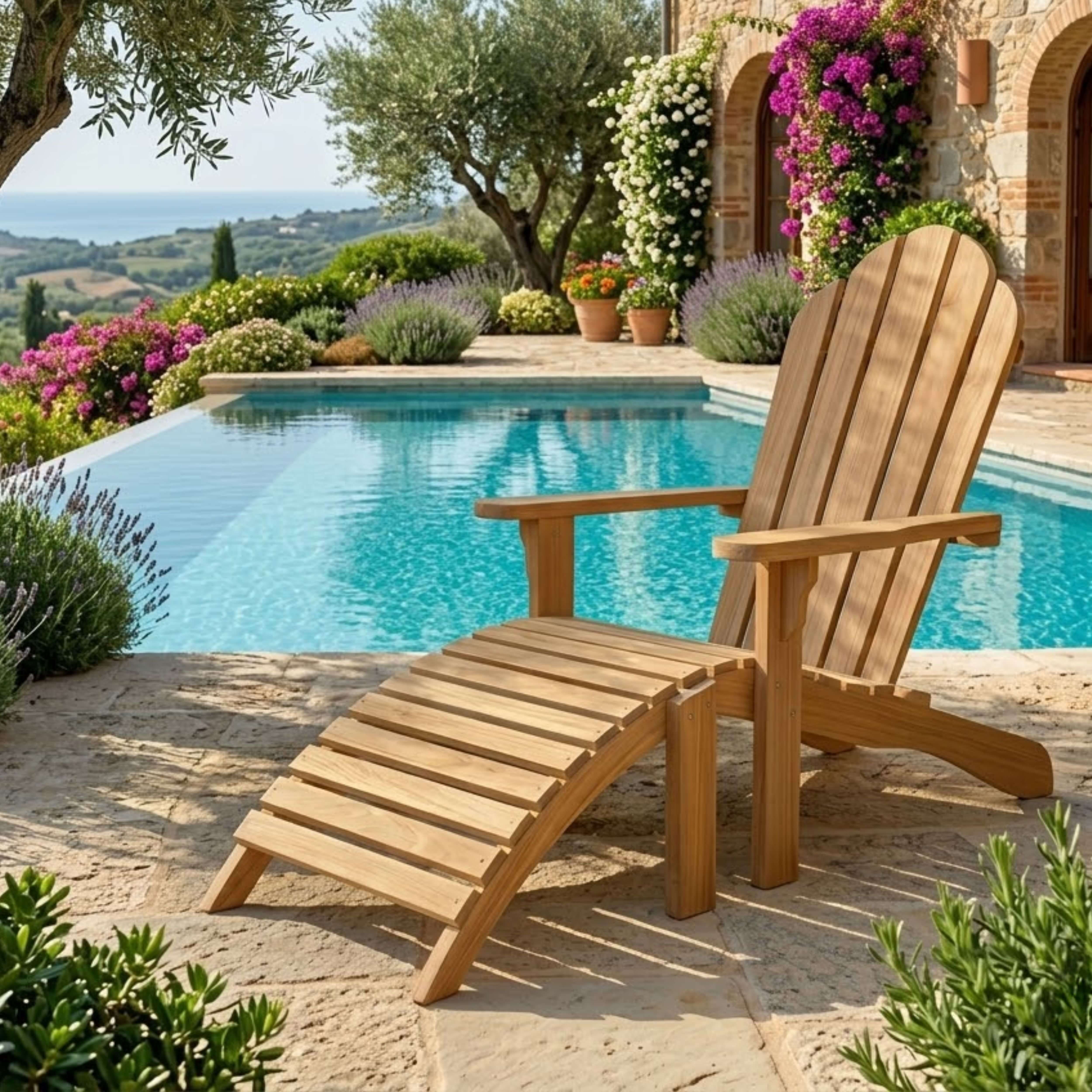 Anderson Teak Adirondack Chair with Ottoman – Grade A Teak Outdoor Patio & Garden Lounge Chair