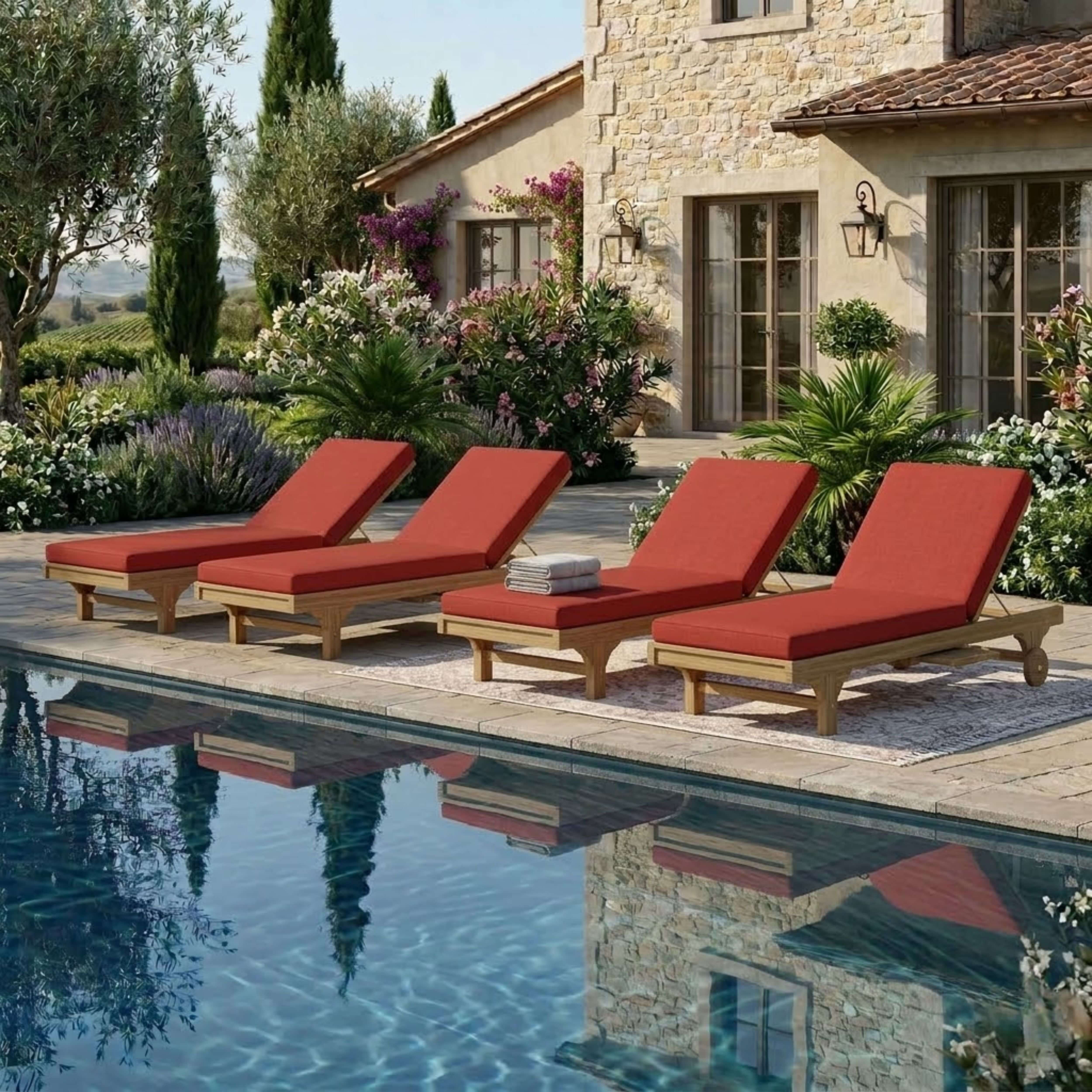 Anderson Teak Capri Teak Outdoor Sun Lounger Set of 4 with Sliding Tray & Wheels