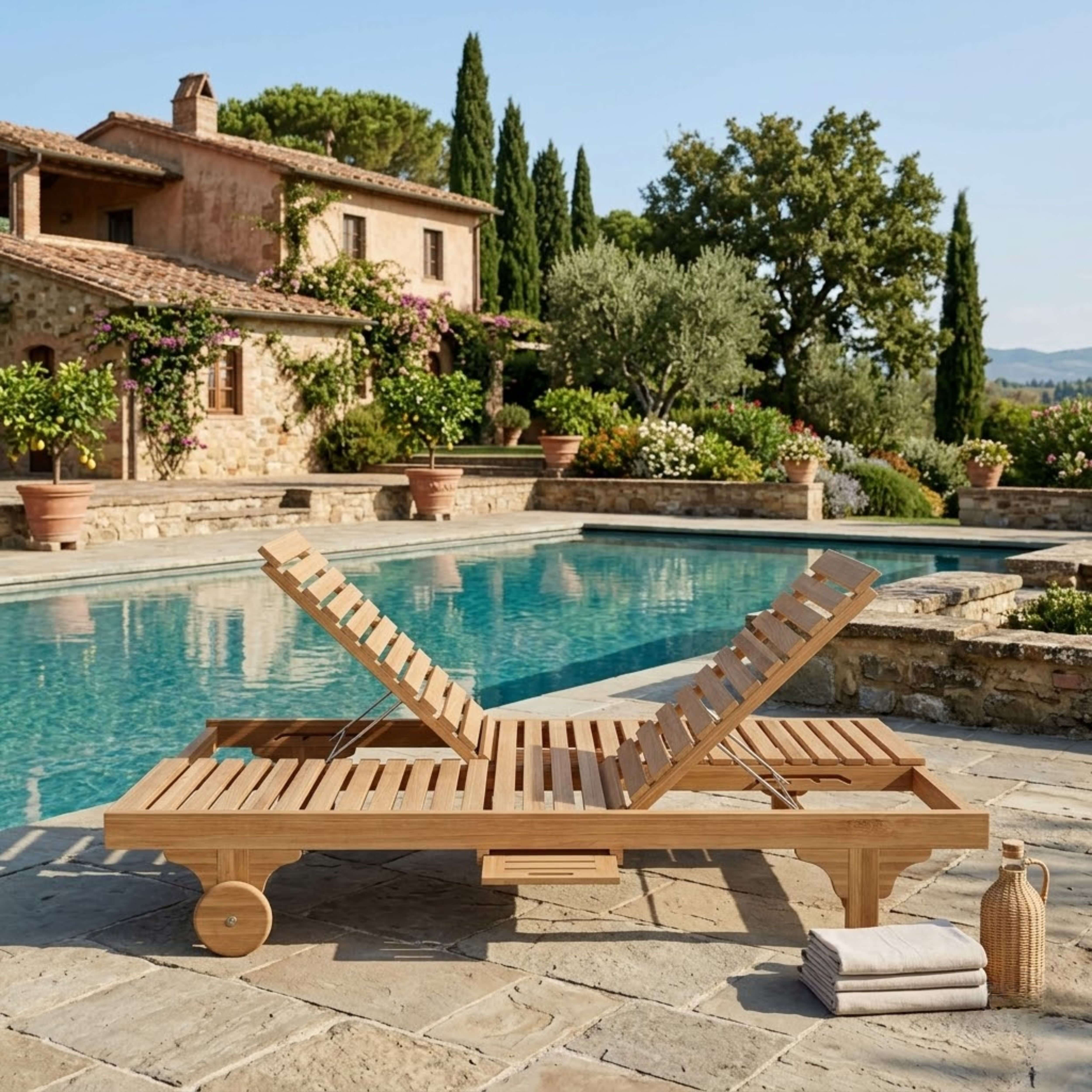 Anderson Teak Bel-Air Double Adjustable Teak Sun Lounger Set of 2 with Side Trays & Wheels