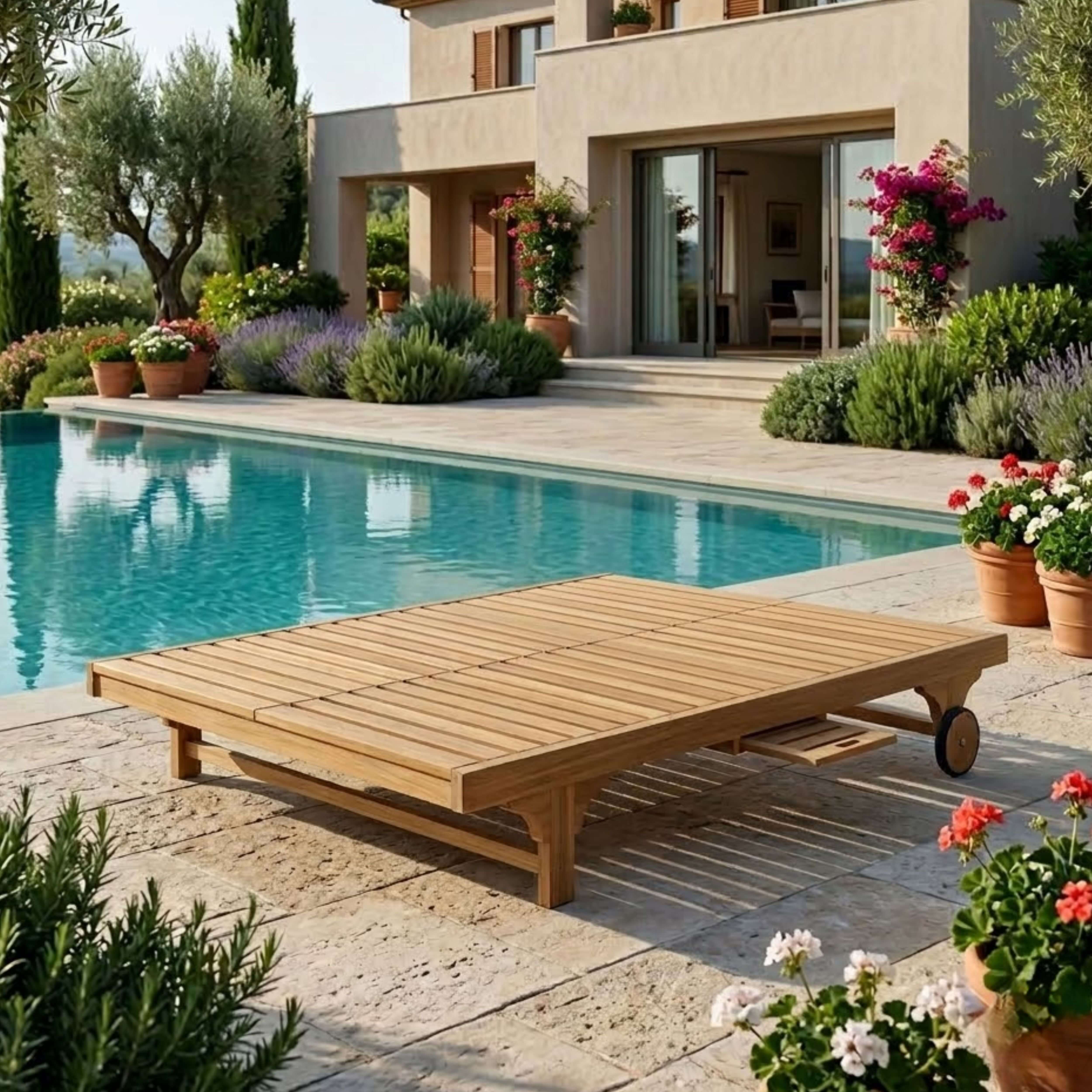 Anderson Teak Bel-Air Double Adjustable Teak Sun Lounger Set of 2 with Side Trays & Wheels