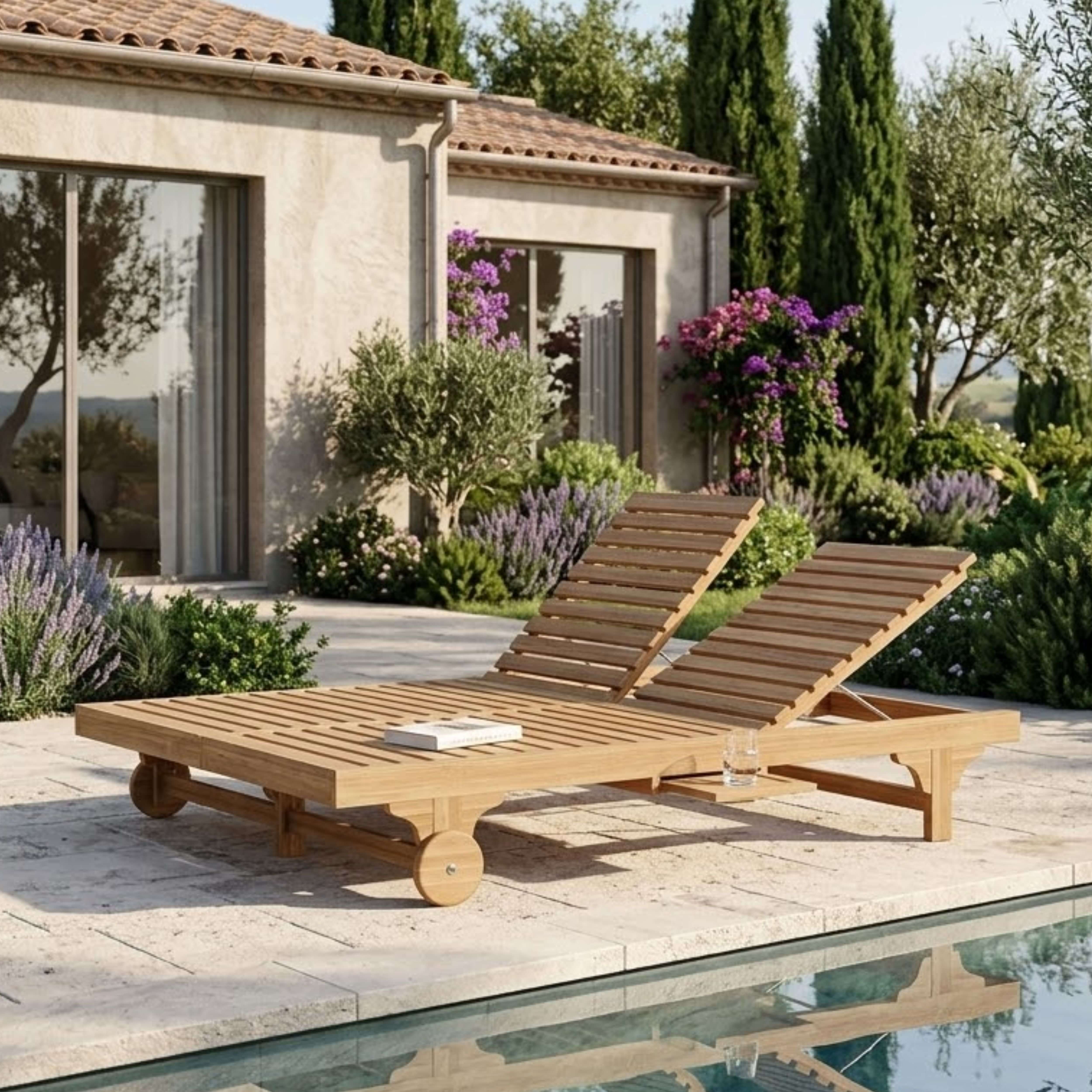 Anderson Teak Bel-Air Double Adjustable Teak Sun Lounger Set of 2 with Side Trays & Wheels