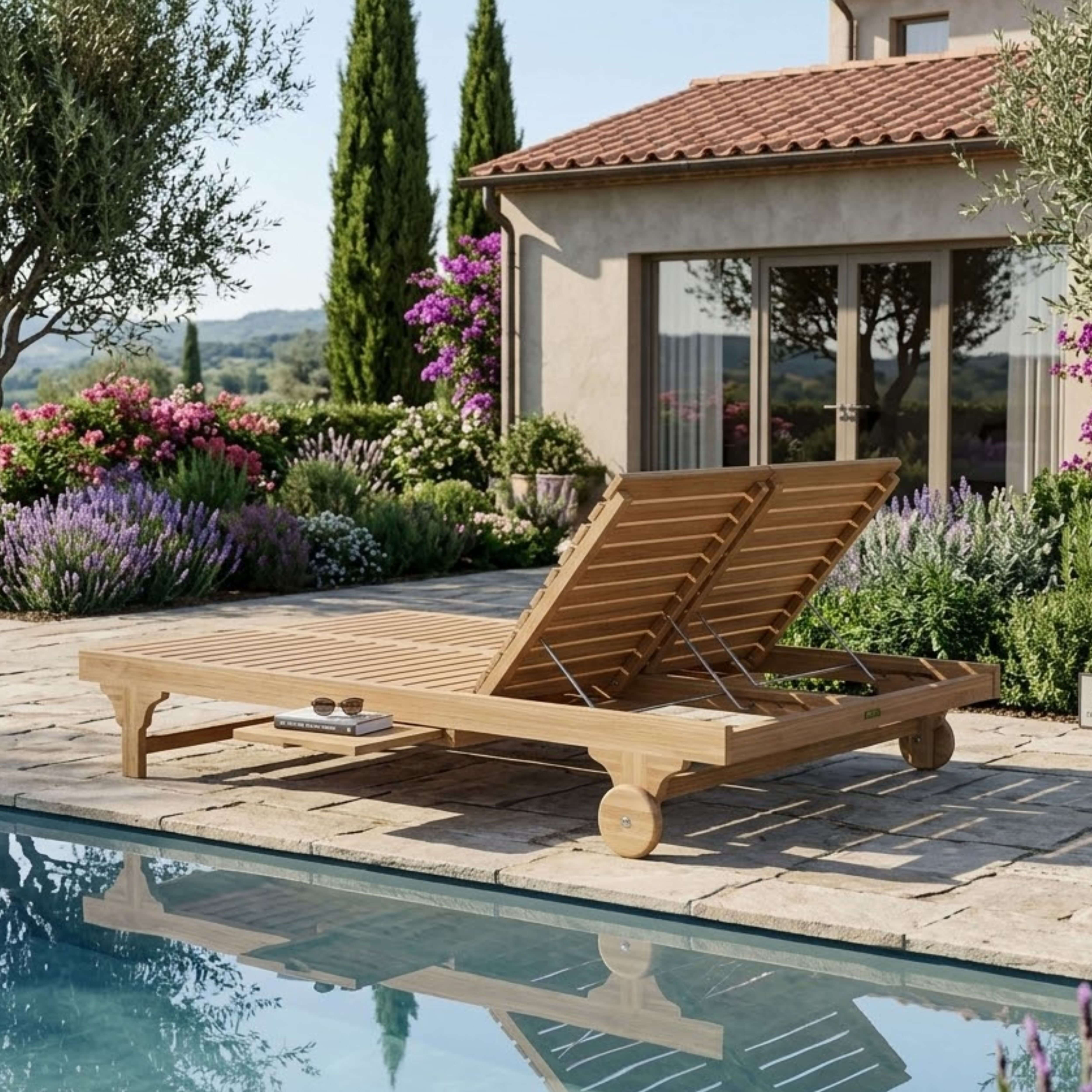 Anderson Teak Bel-Air Double Adjustable Teak Sun Lounger Set of 2 with Side Trays & Wheels