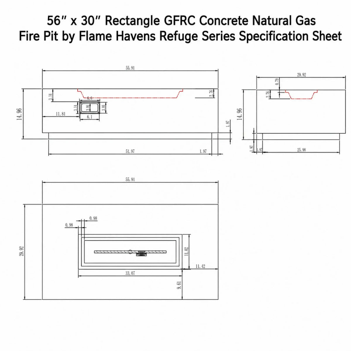 Flame Havens 56" x 30" Rectangle GFRC Concrete Natural Gas Fire Pit