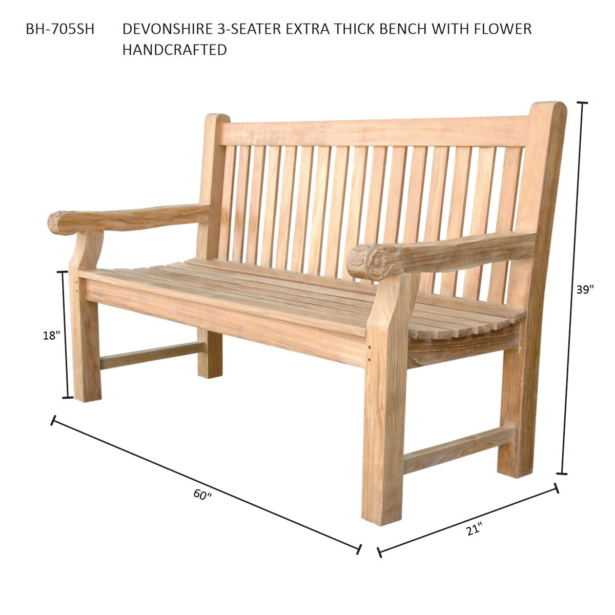 Anderson Teak Devonshire 3-Seater Extra Thick Bench – Hand-Carved Solid Teak Outdoor Bench