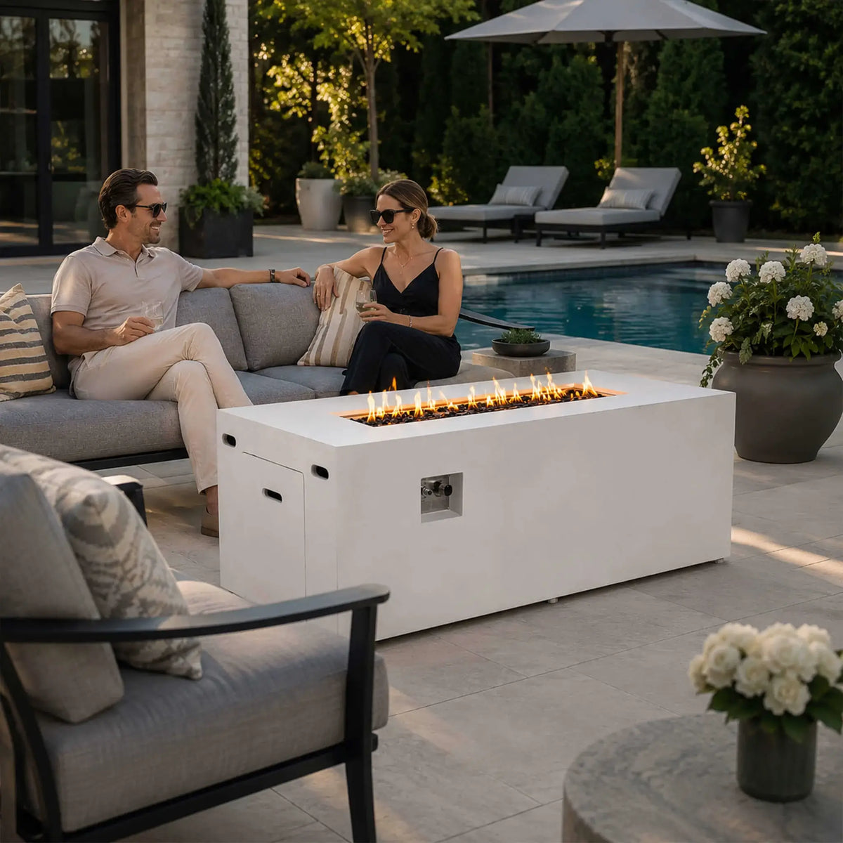 Flame Havens 68" x 30" Rectangle GFRC Concrete Propane Gas Fire Pit with Hidden Tank Drawer