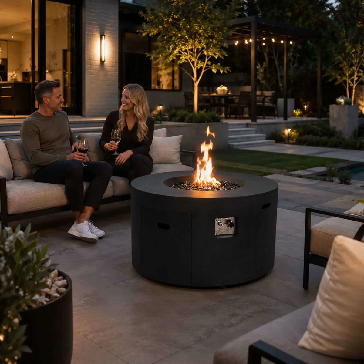 Flame Havens 43" Round GFRC Concrete Propane Gas Fire Pit with Hidden Tank Drawer