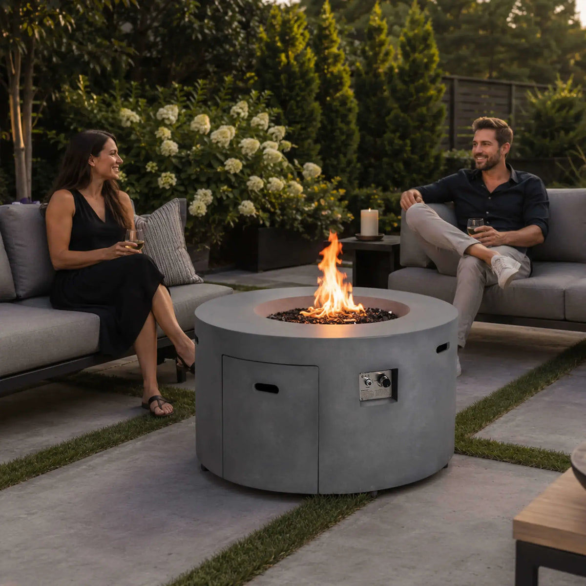 Flame Havens 43" Round GFRC Concrete Propane Gas Fire Pit with Hidden Tank Drawer