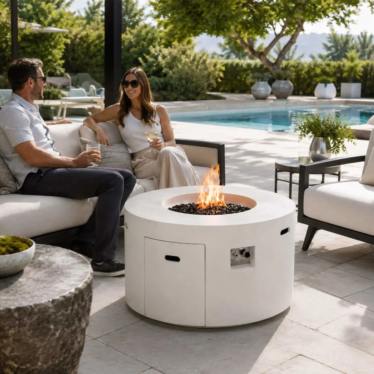 Flame Havens 43" Round GFRC Concrete Propane Gas Fire Pit with Hidden Tank Drawer