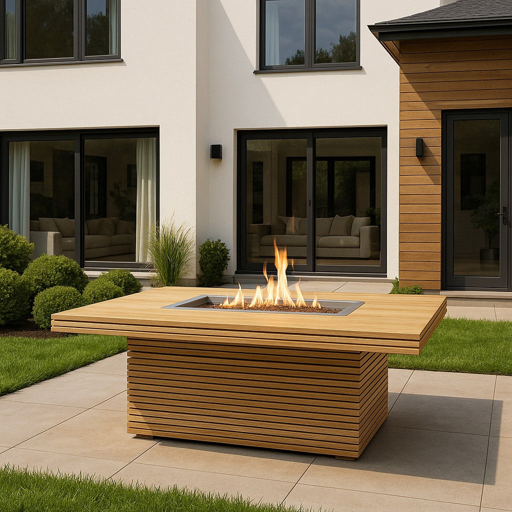 Anderson Teak Louvre Fire Pit Dining Table – Large Teak Outdoor Patio Table