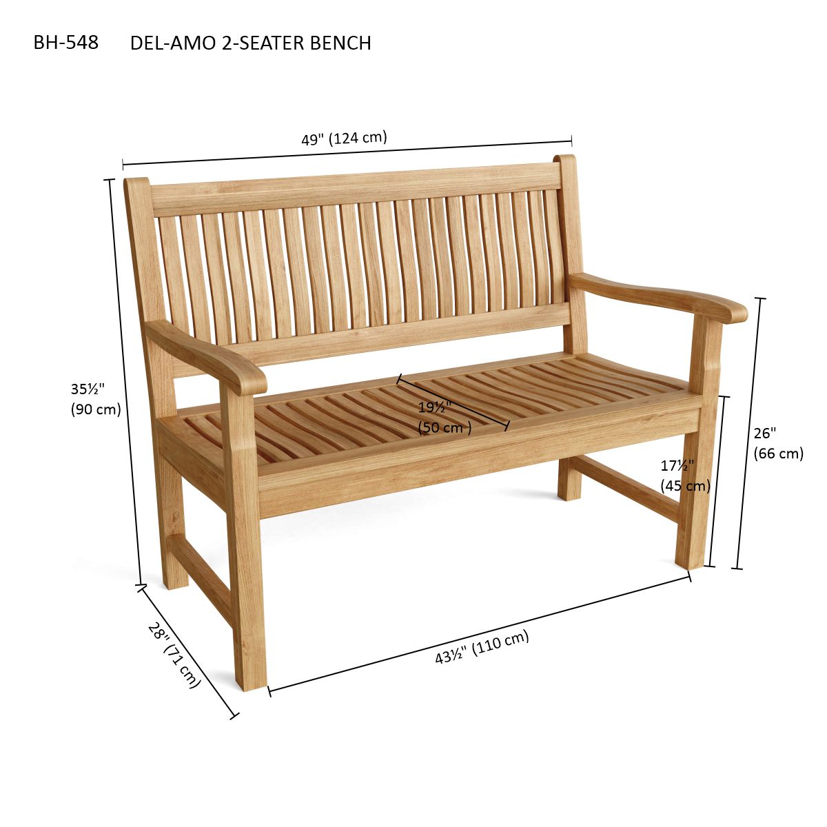 Anderson Teak Del-Amo 2-Seater Bench – Solid Teak Outdoor Garden Bench