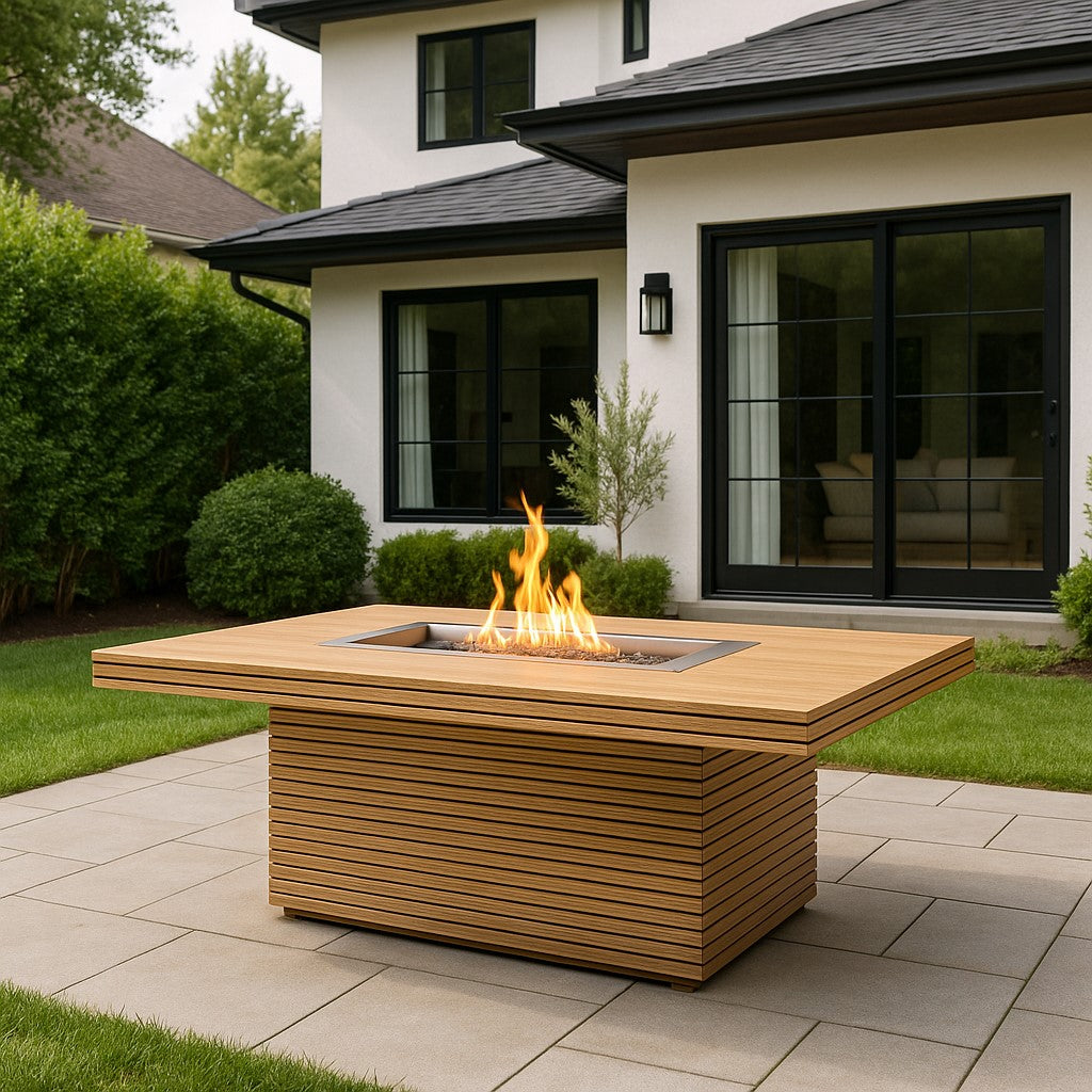 Anderson Teak Louvre Fire Pit Dining Table – Large Teak Outdoor Patio Table