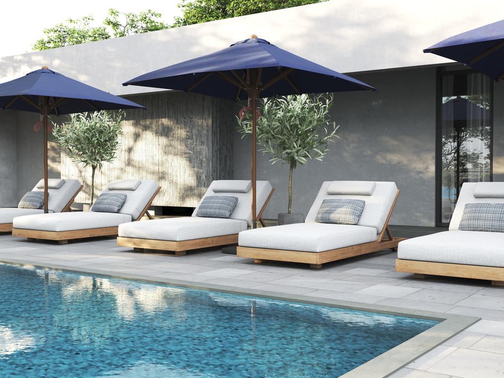 Bay Parasol Square 200 - Wood Grain Powder Coated SS - Ambiance Image~~