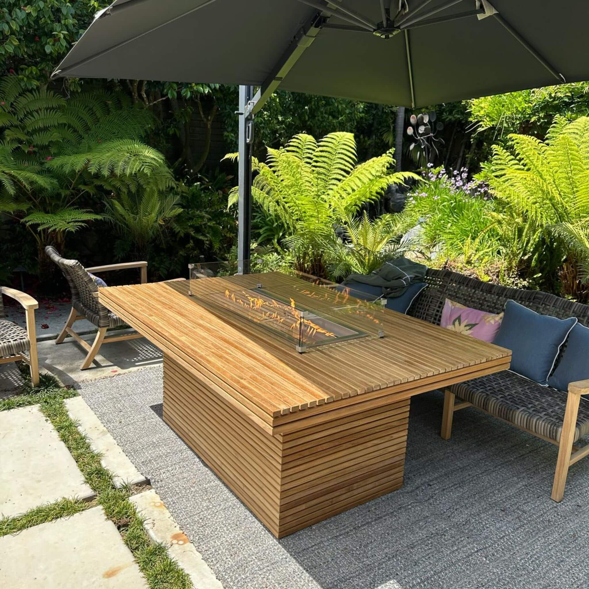 Anderson Teak Louvre Fire Pit Dining Table – Large Teak Outdoor Patio Table