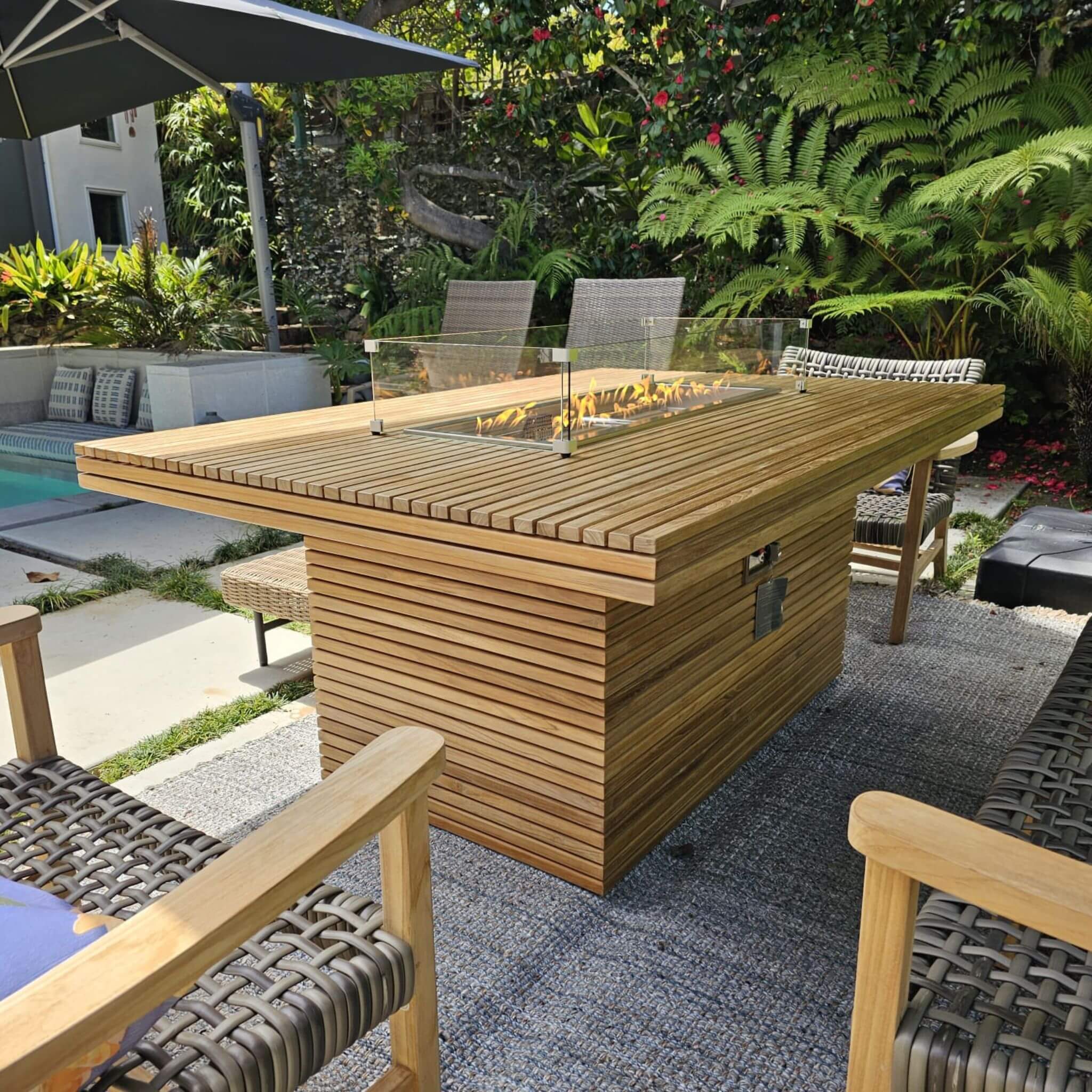 Anderson Teak Louvre Fire Pit Dining Table – Large Teak Outdoor Patio Table