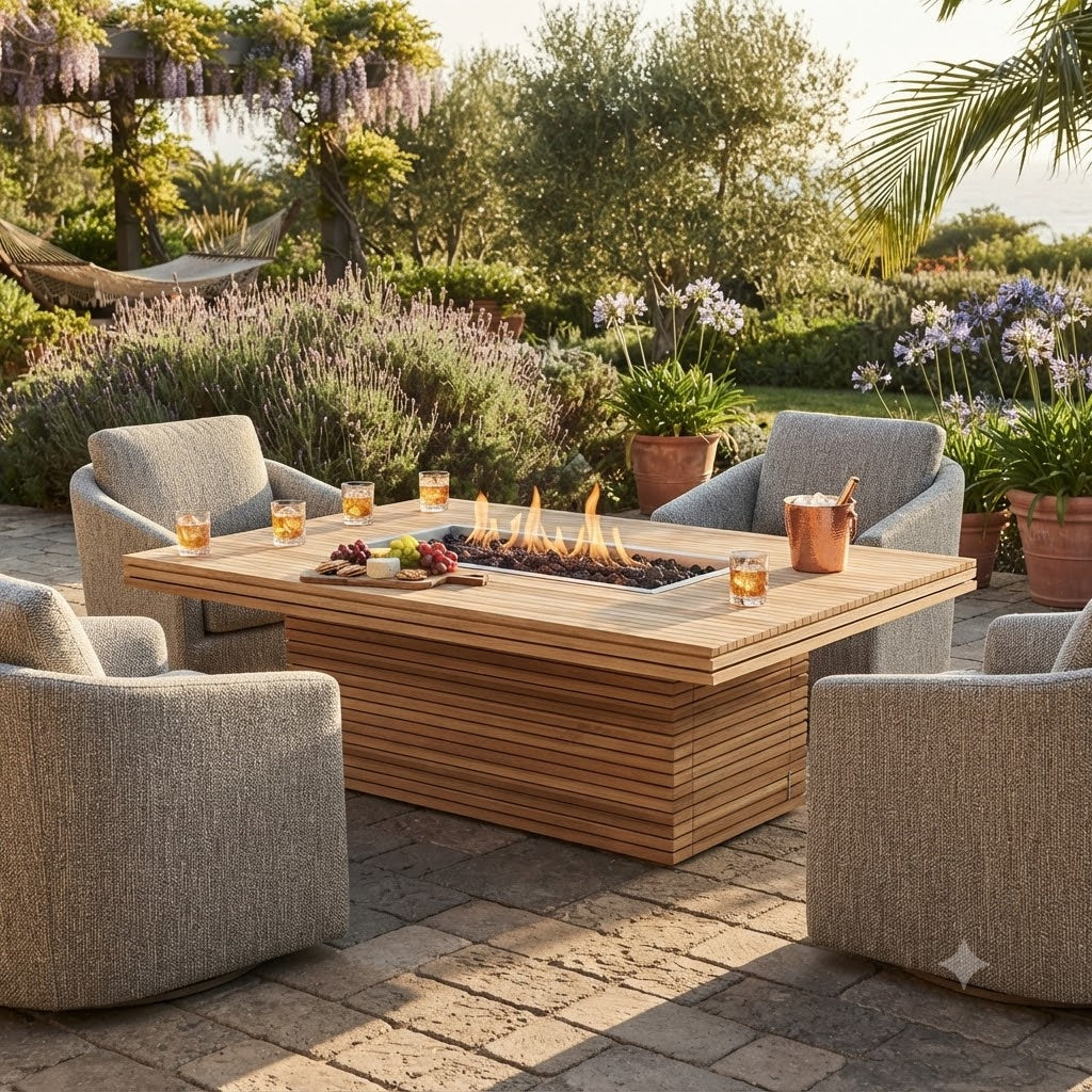 Anderson Teak Louvre Fire Pit Coffee Table – Large Teak Outdoor Patio Table