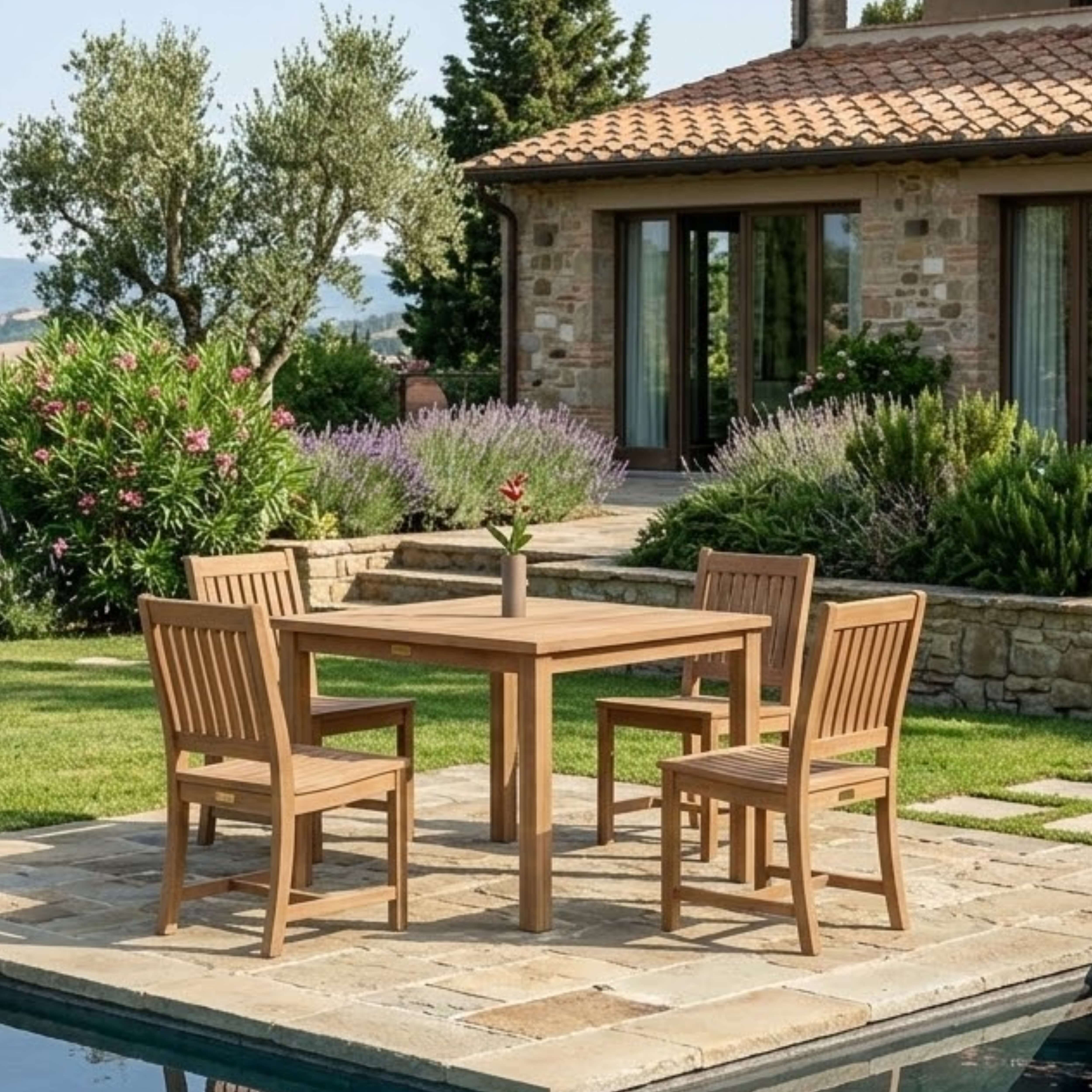 Anderson Teak Bahama 5-Piece Outdoor Dining Set with 42" Square Teak Table & Rialto Dining Chairs – Premium Solid Teak Patio Furniture