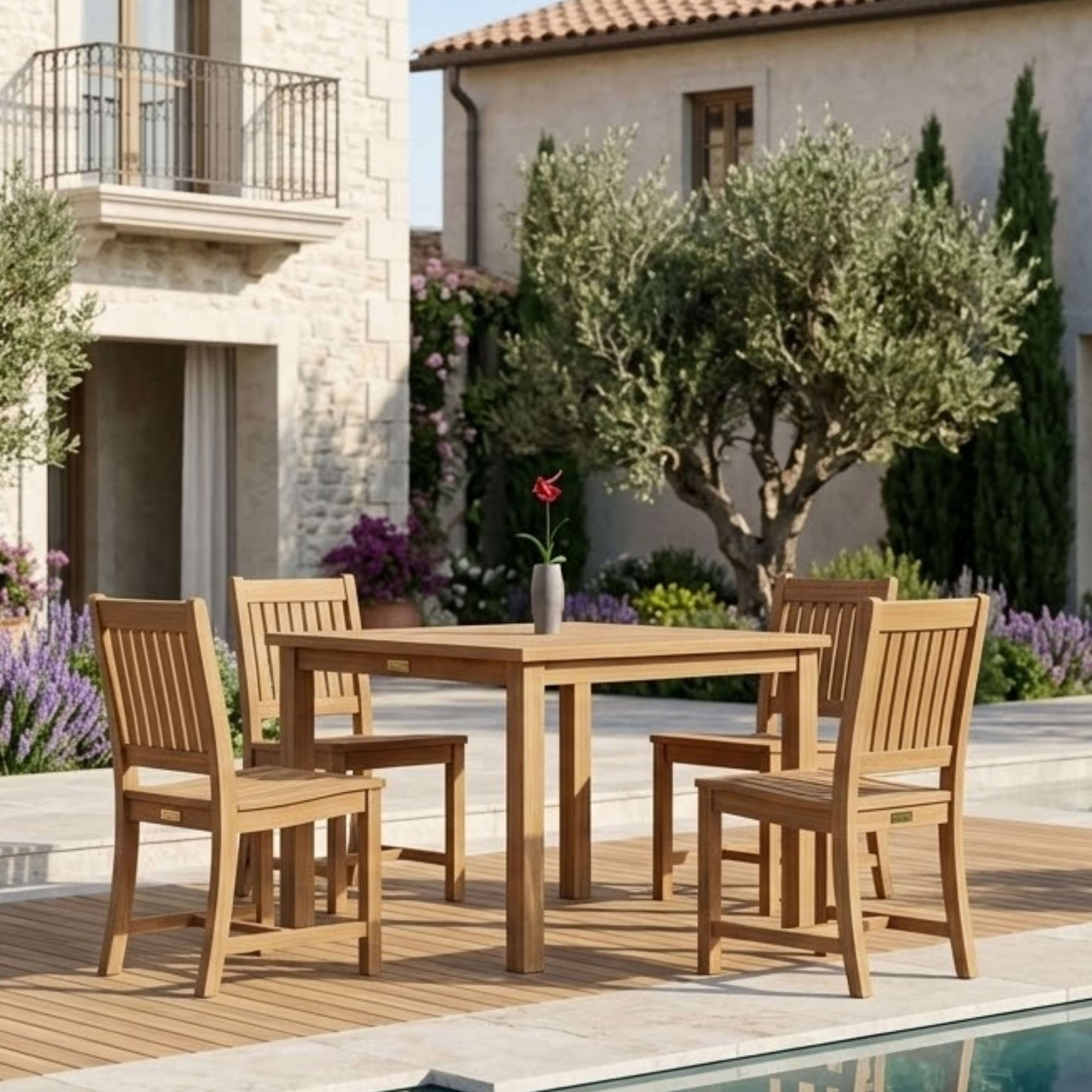 Anderson Teak Bahama 5-Piece Outdoor Dining Set with 42" Square Teak Table & Rialto Dining Chairs – Premium Solid Teak Patio Furniture