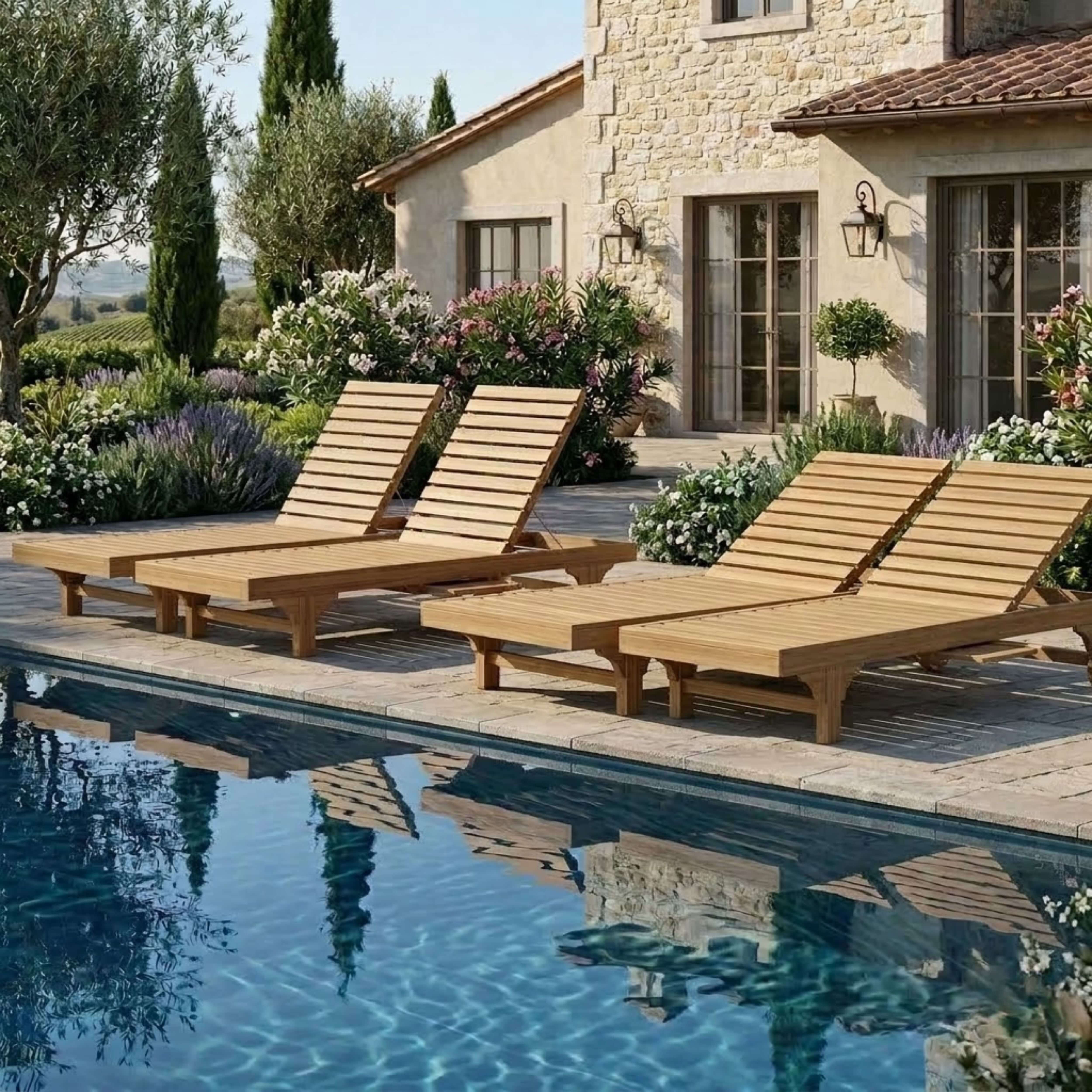 Anderson Teak Capri Teak Outdoor Sun Lounger Set of 4 with Sliding Tray & Wheels