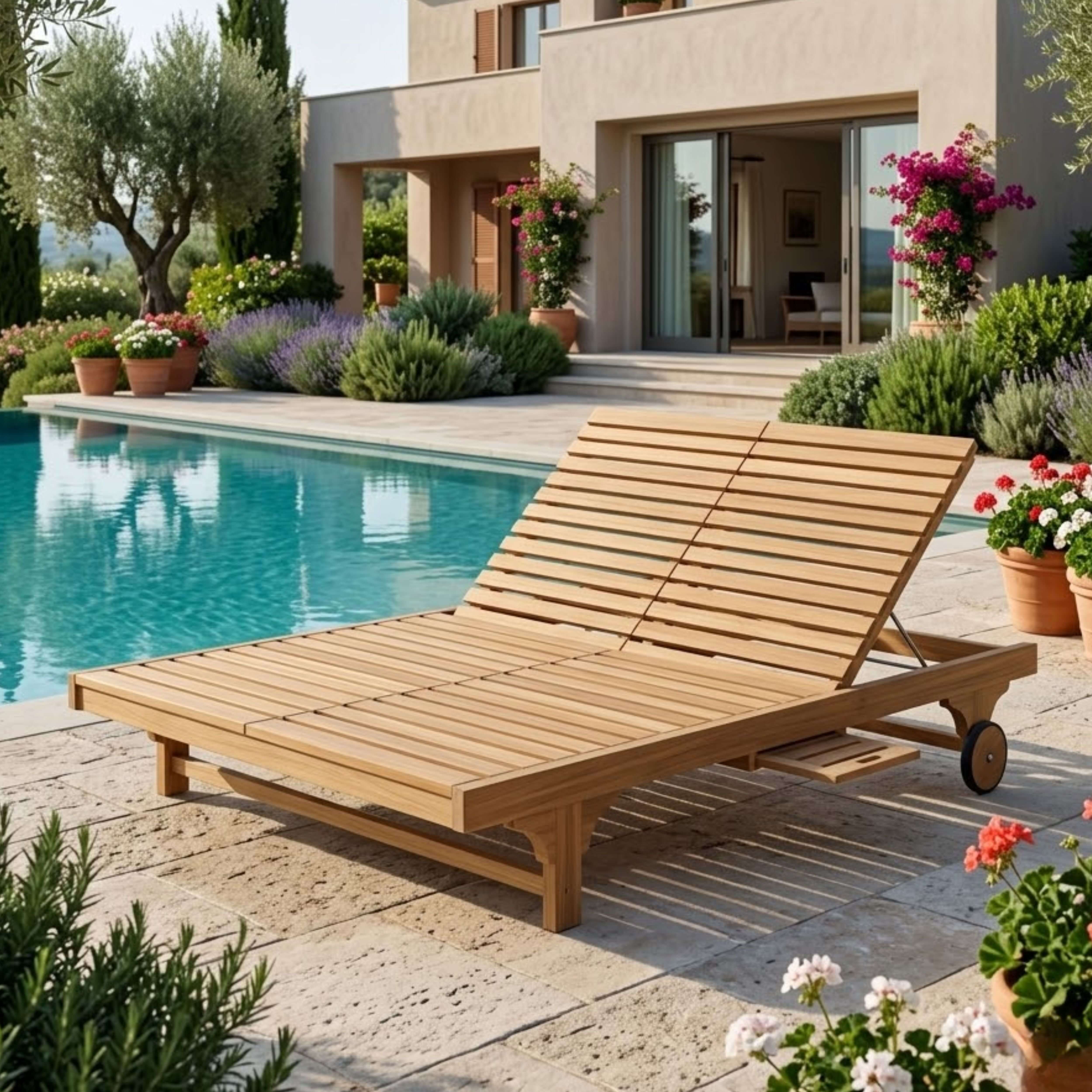 Anderson Teak Bel-Air Double Adjustable Teak Sun Lounger Set of 2 with Side Trays & Wheels