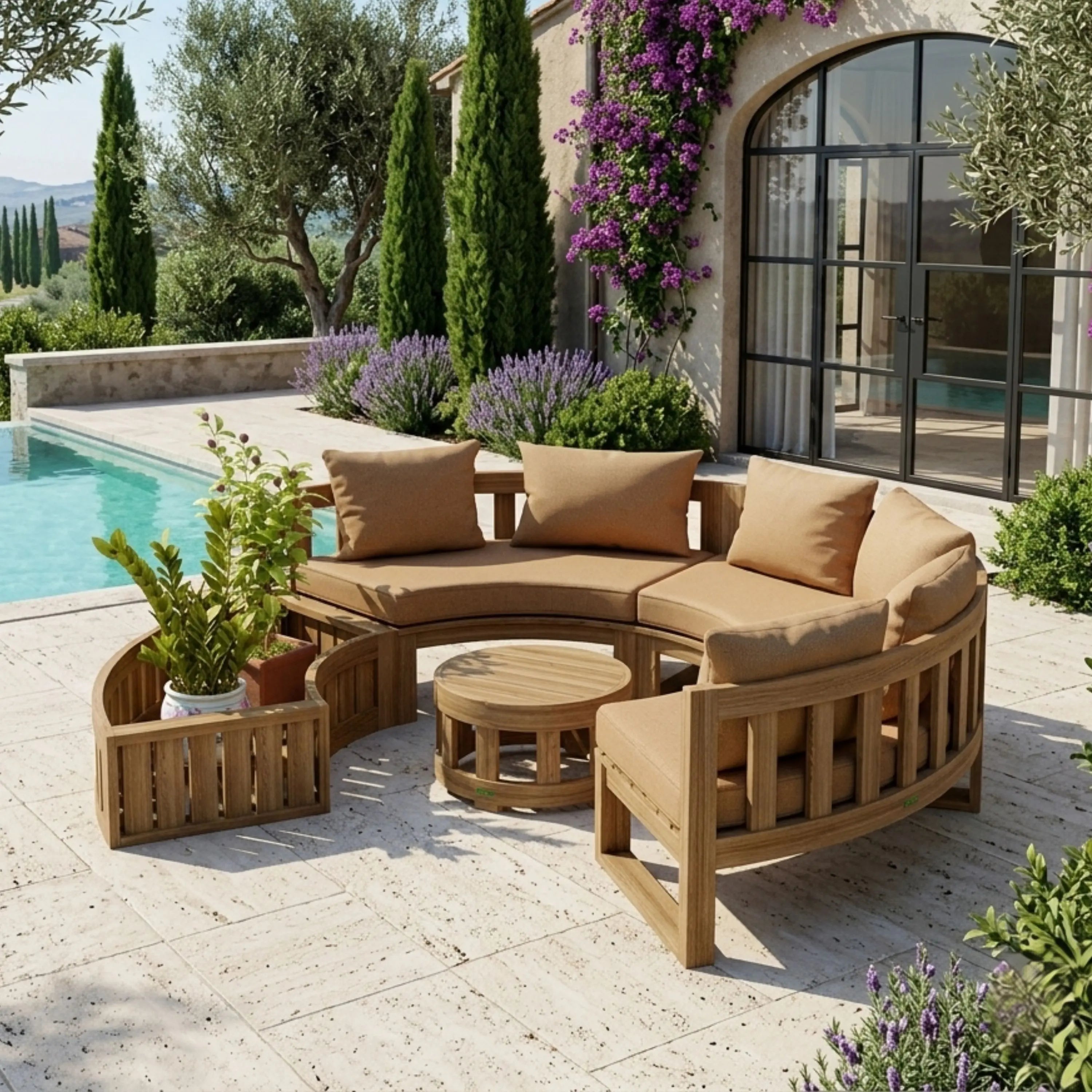 Anderson Teak Circular Modular 5-Piece Outdoor Sectional Sofa Set with Sunbrella Cushions, Planter & Coffee Table – Premium Solid Teak Patio Furniture