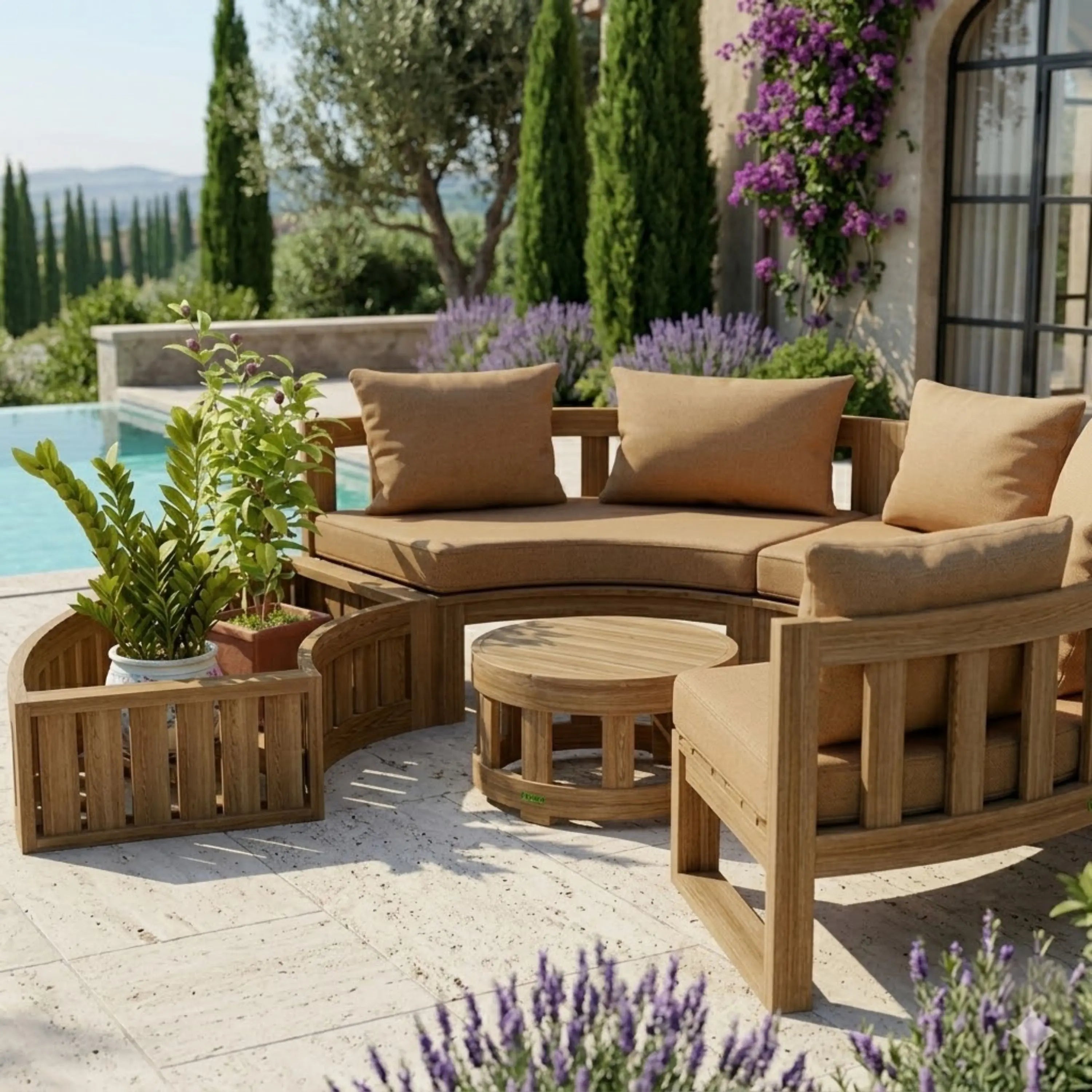 Anderson Teak Circular Modular 5-Piece Outdoor Sectional Sofa Set with Sunbrella Cushions, Planter & Coffee Table – Premium Solid Teak Patio Furniture