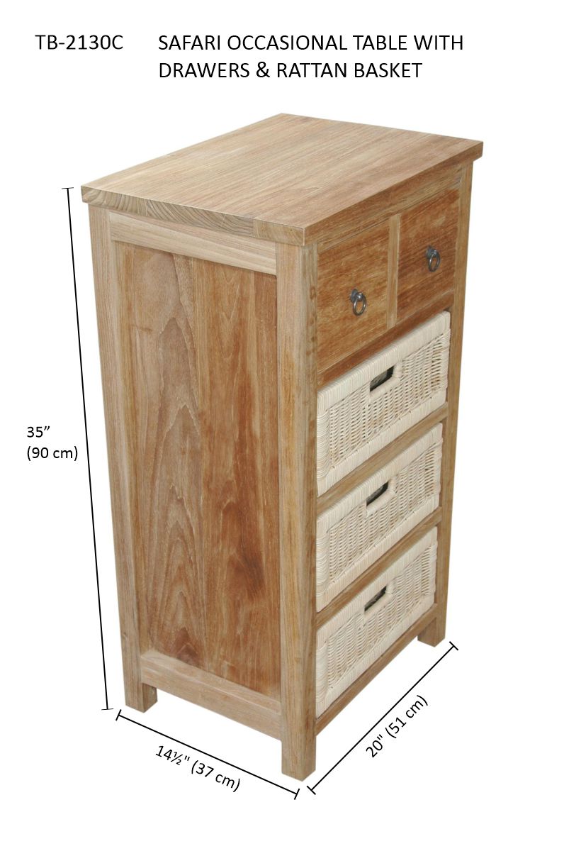 Anderson Teak Safari Occasional Table with Drawers & Rattan Baskets – Teak Storage Side Table