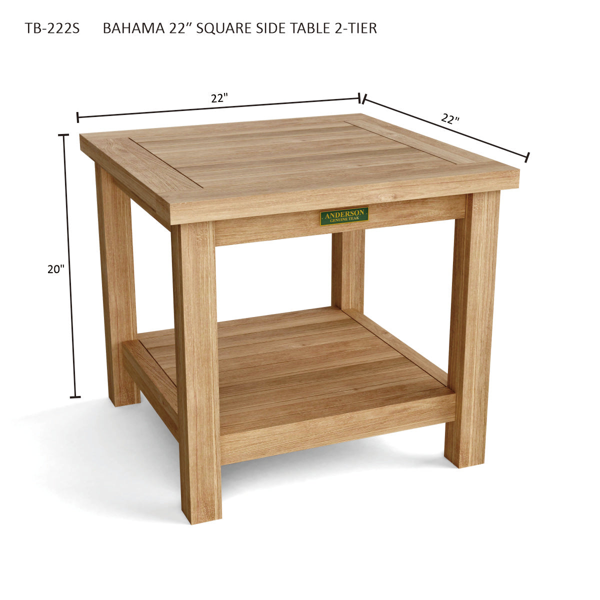 Anderson Teak Bahama 22″ Square 2-Tier Side Table – Solid Teak Outdoor End Table