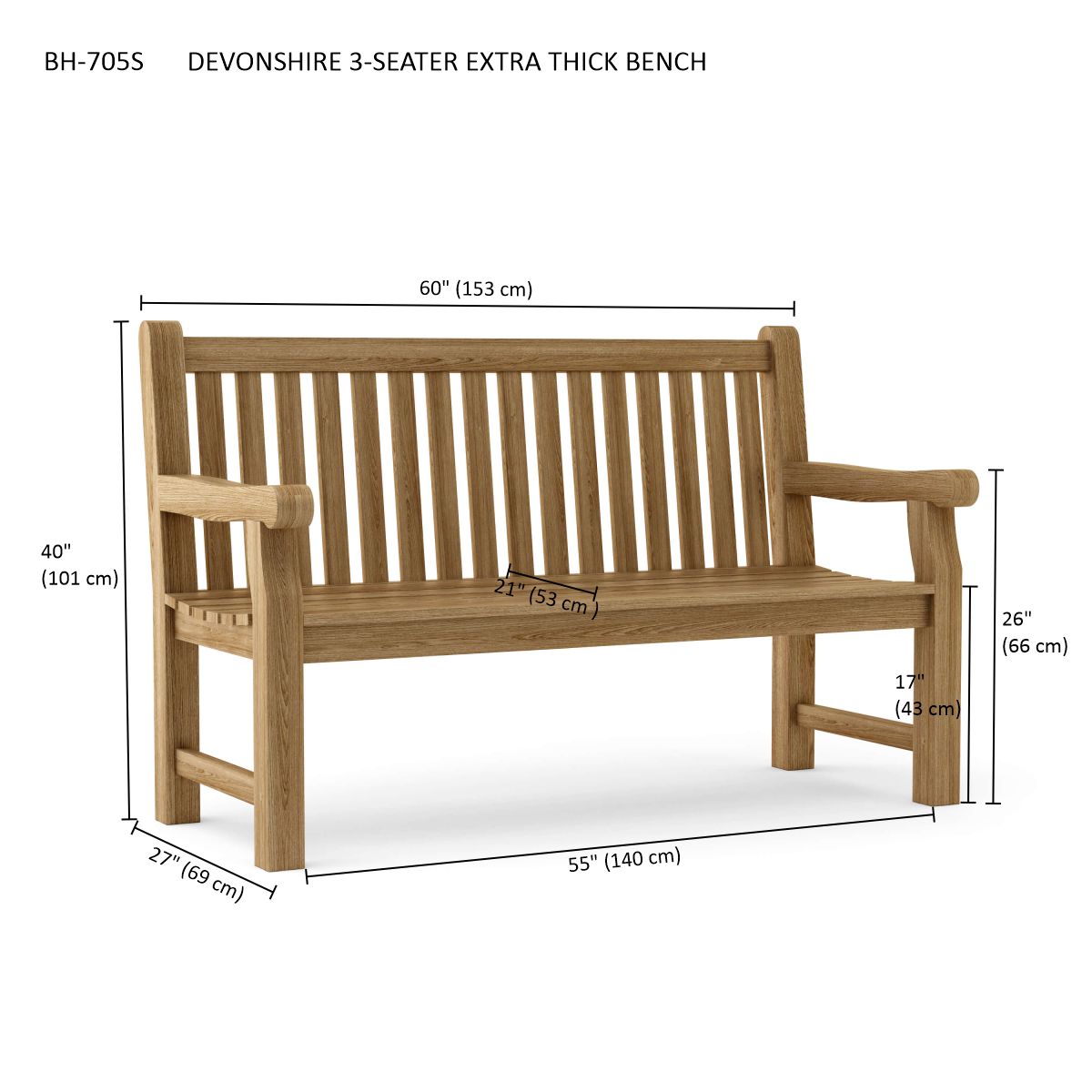 Anderson Teak Devonshire 3-Seater Extra Thick Bench – Solid Teak Outdoor Garden Bench