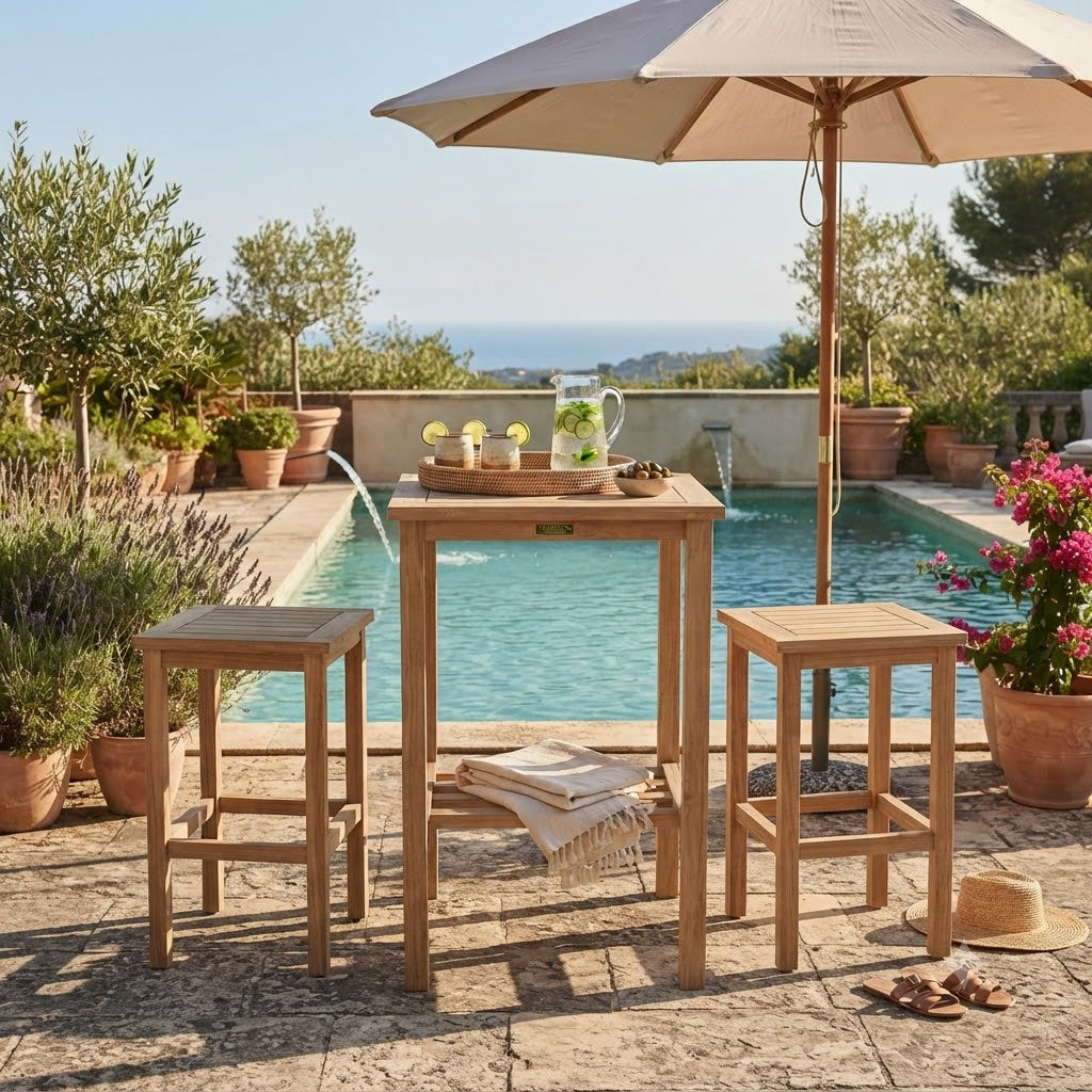 Anderson Teak Avalon 27″ Square Bar Table – Solid Teak Outdoor Bar Table