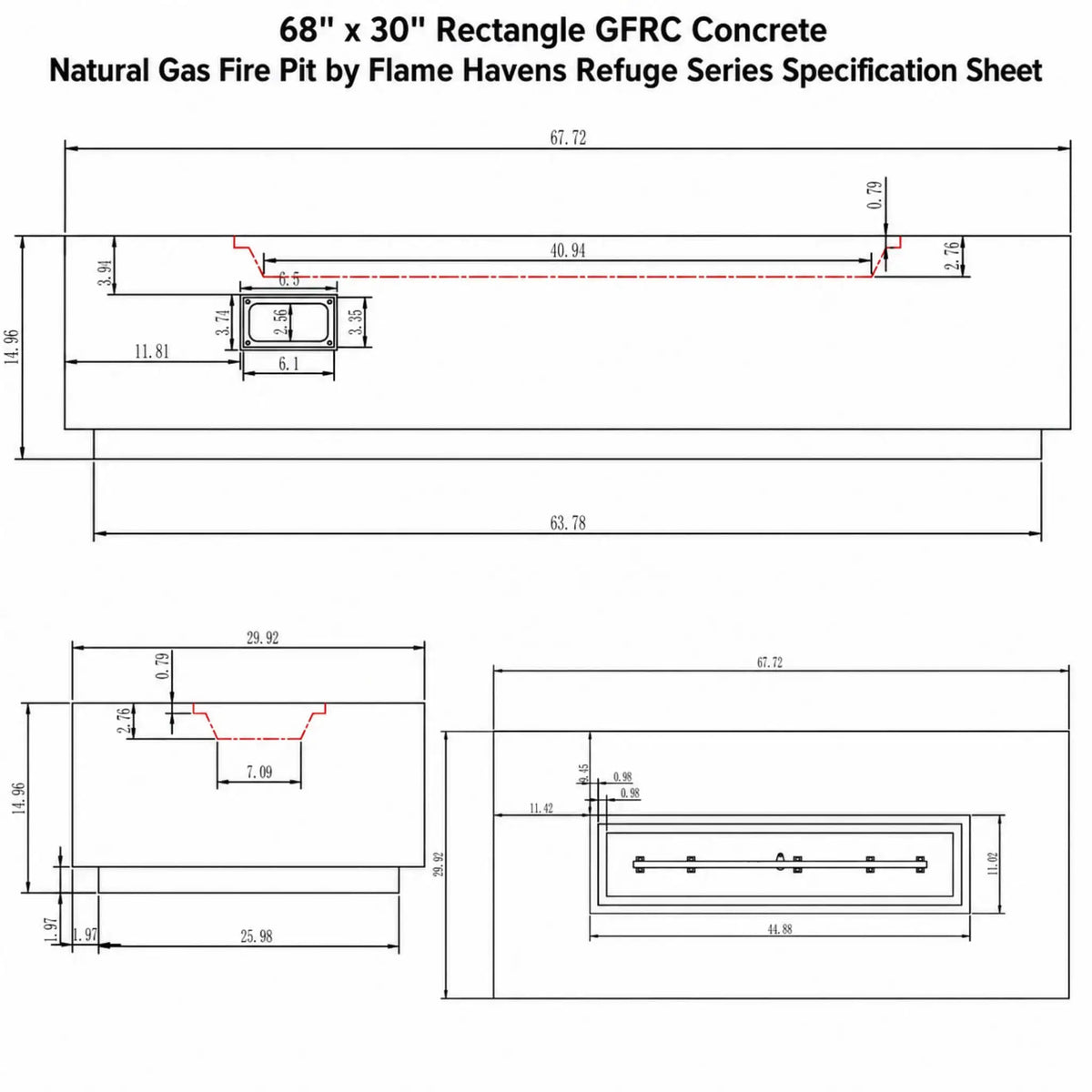 Flame Havens 68" x 30" Rectangle GFRC Concrete Natural Gas Fire Pit
