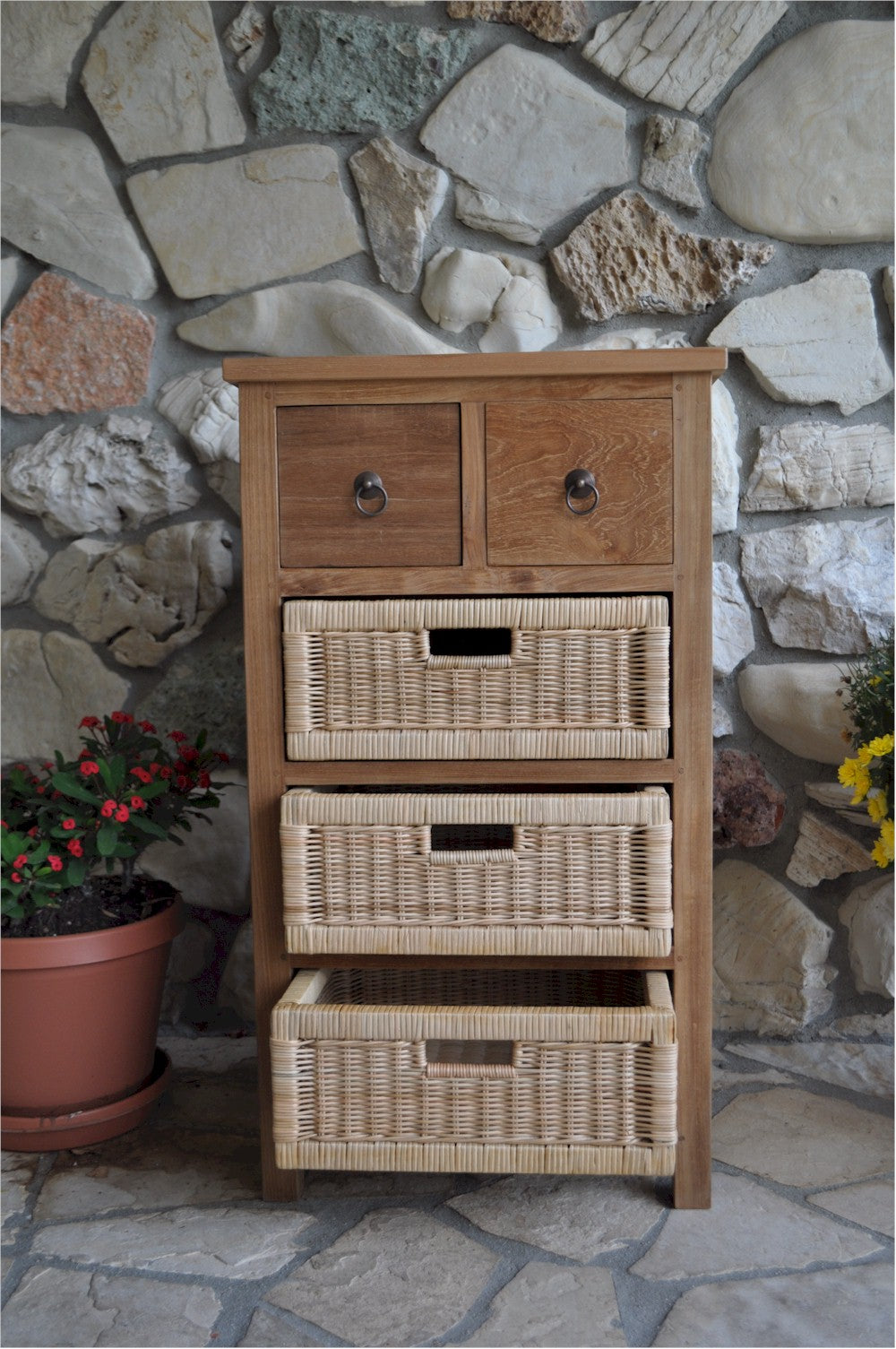 Anderson Teak Safari Occasional Table with Drawers & Rattan Baskets – Teak Storage Side Table
