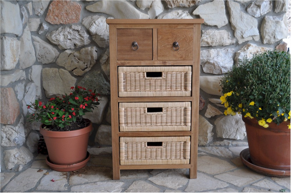 Anderson Teak Safari Occasional Table with Drawers & Rattan Baskets – Teak Storage Side Table