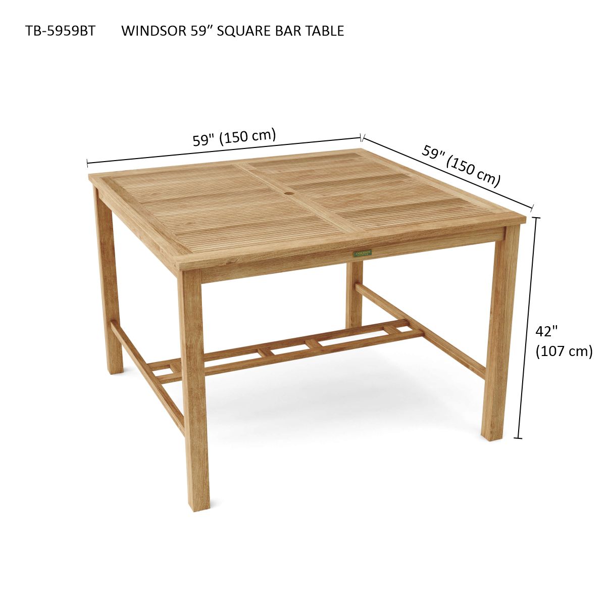 Anderson Teak Windsor 59″ Square Bar Table – Large Teak Outdoor Bar Table