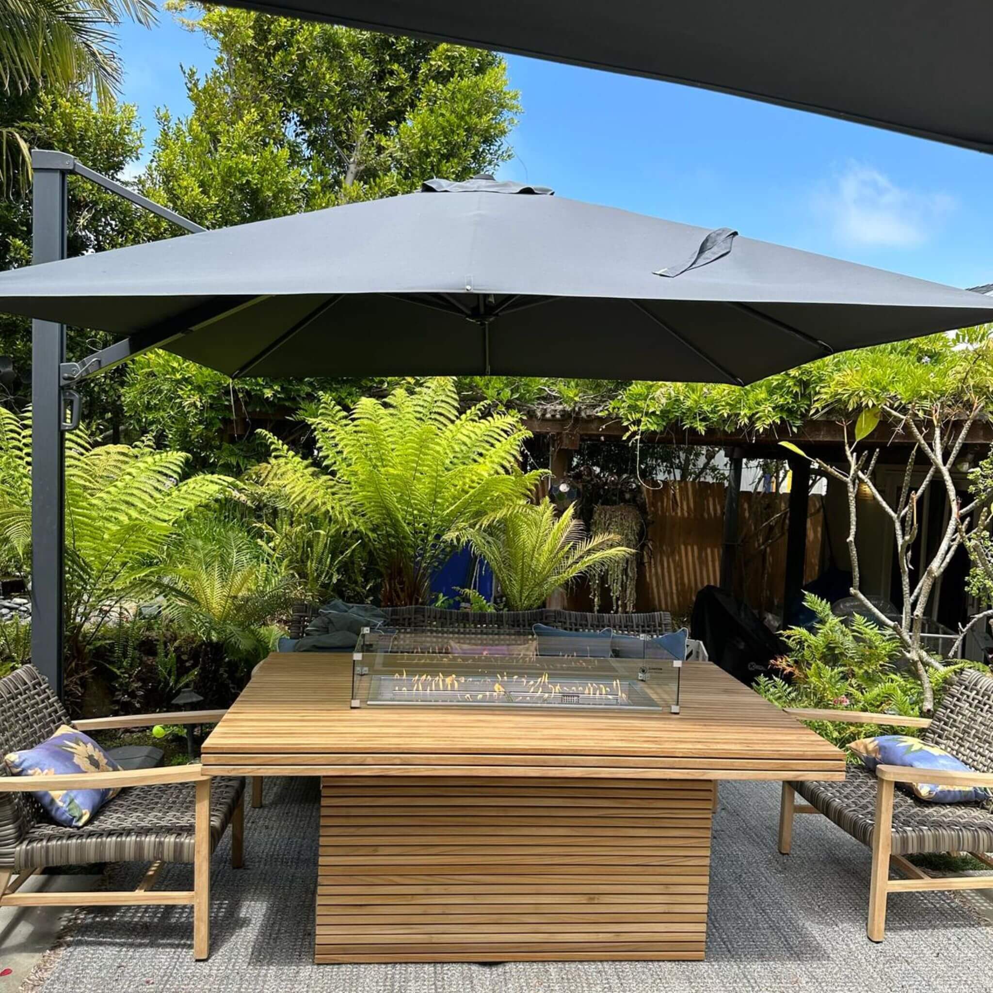 Anderson Teak Louvre Fire Pit Dining Table – Large Teak Outdoor Patio Table