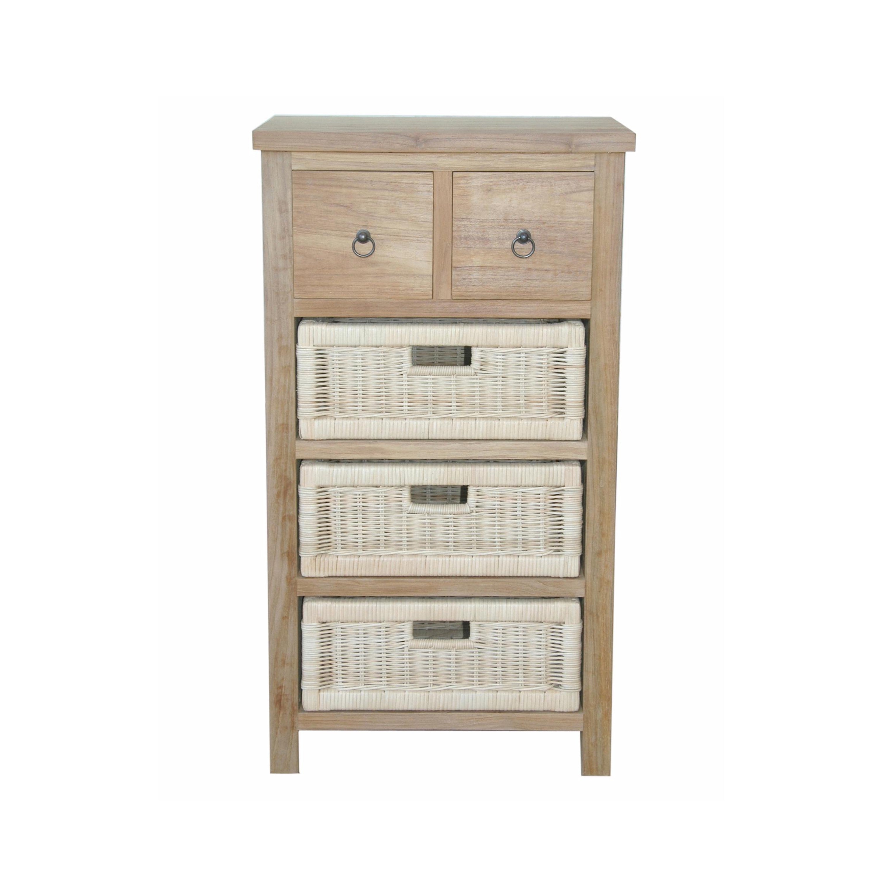 Anderson Teak Safari Occasional Table with Drawers & Rattan Baskets – Teak Storage Side Table