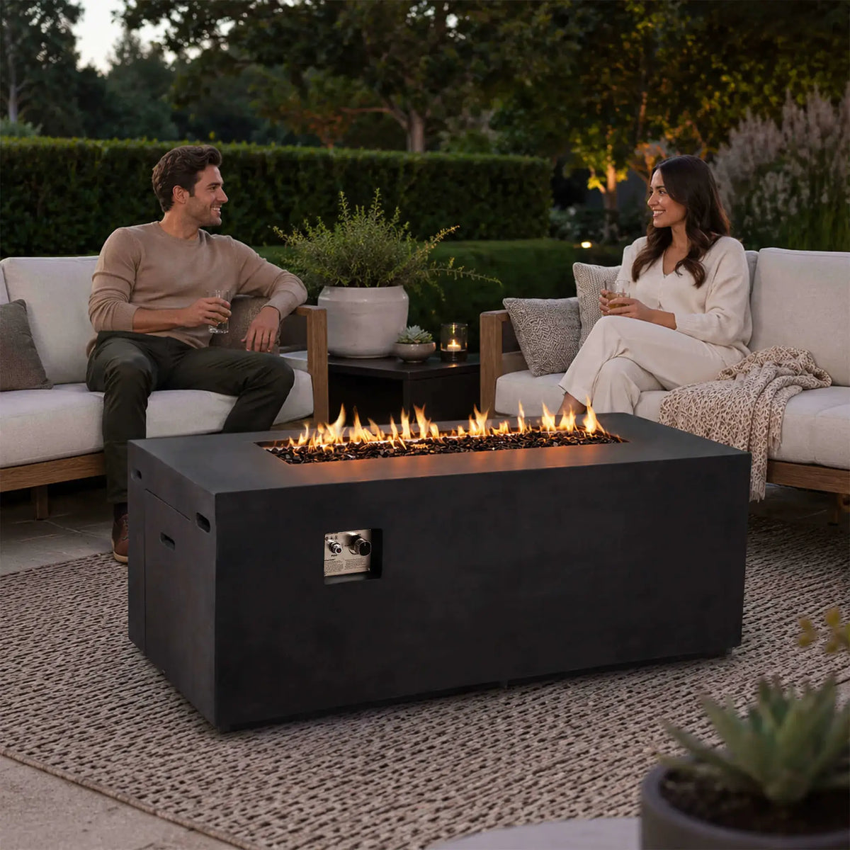 Flame Havens 68" x 30" Rectangle GFRC Concrete Propane Gas Fire Pit with Hidden Tank Drawer