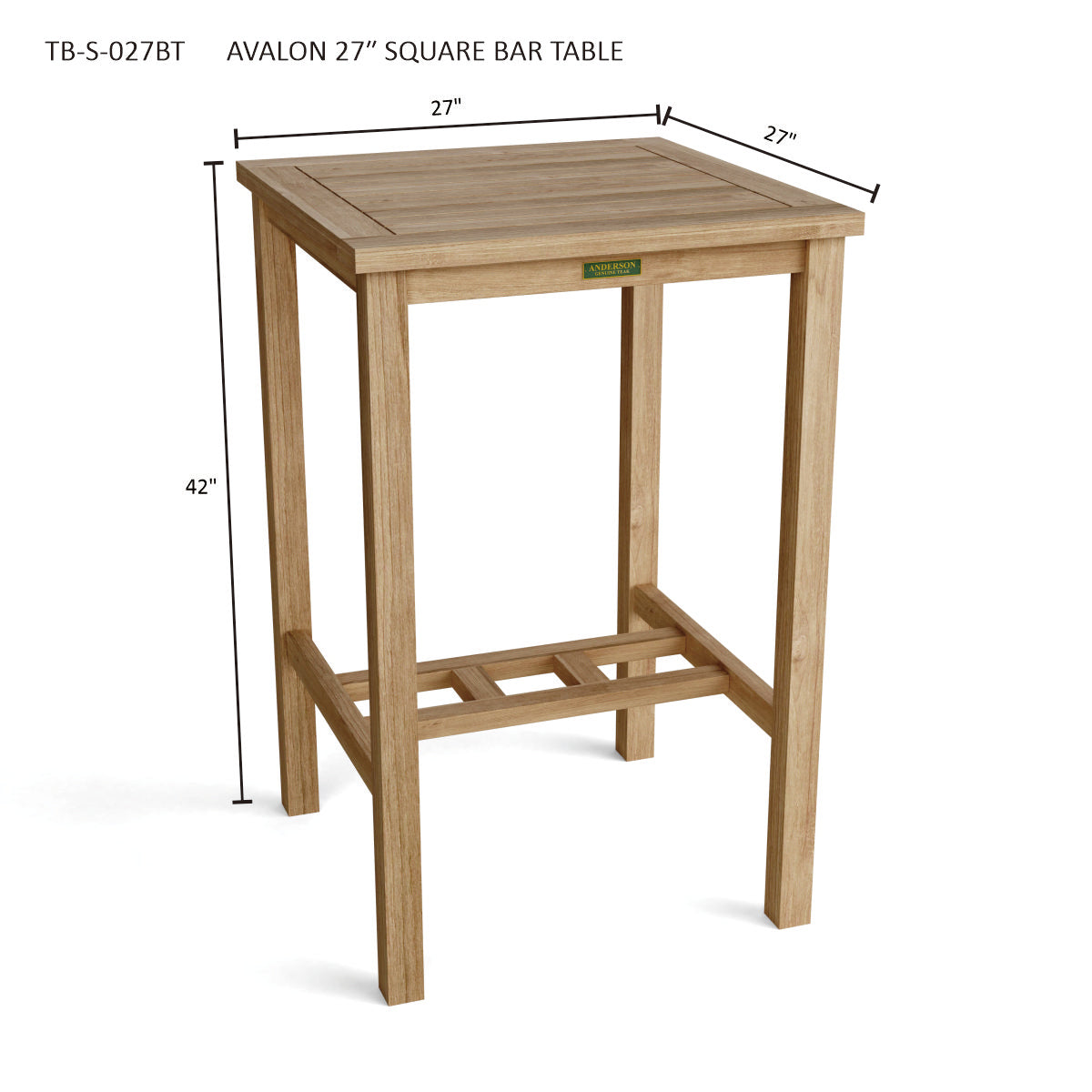 Anderson Teak Avalon 27″ Square Bar Table – Solid Teak Outdoor Bar Table