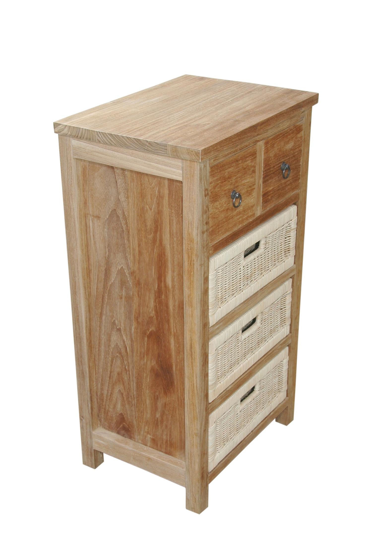 Anderson Teak Safari Occasional Table with Drawers & Rattan Baskets – Teak Storage Side Table