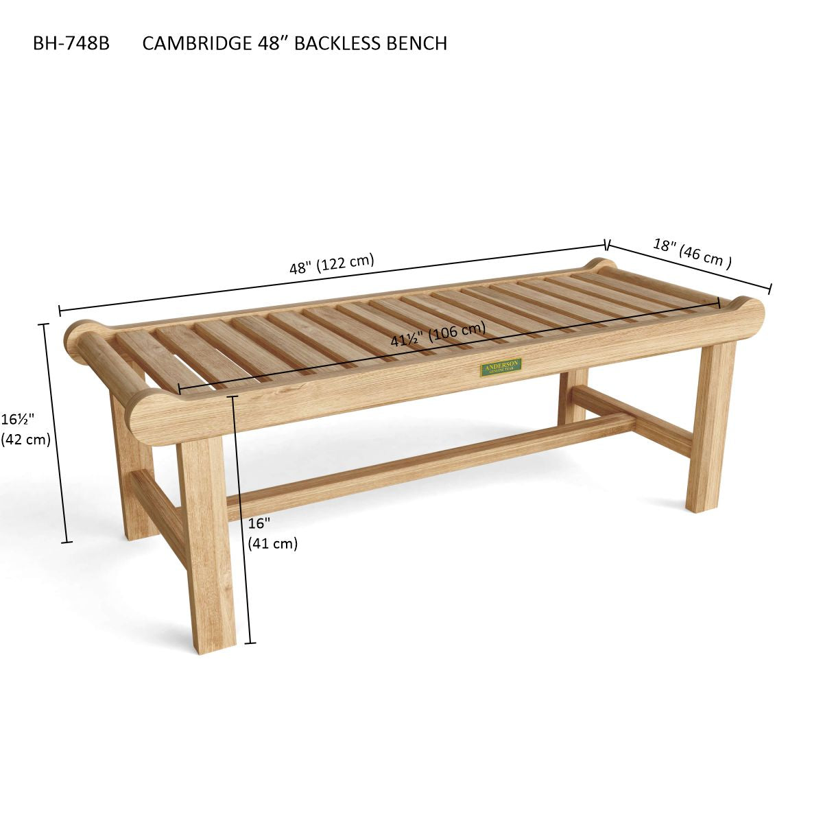 Anderson Teak – Cambridge 48″ Backless Bench – Curved Teak Patio Seating