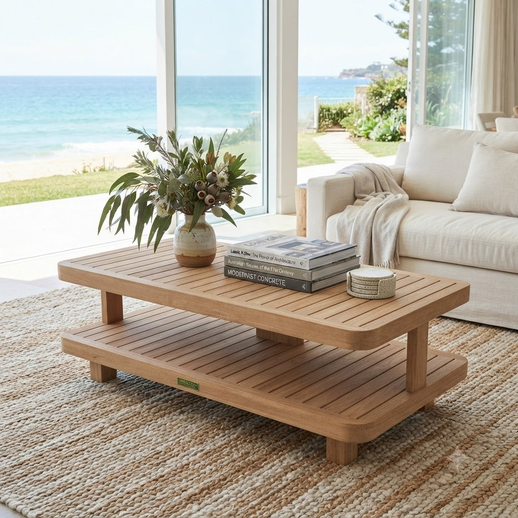 Anderson Teak Granada Outdoor Coffee Table – Premium Grade A Teak Two-Tier Rectangular Patio Coffee Table