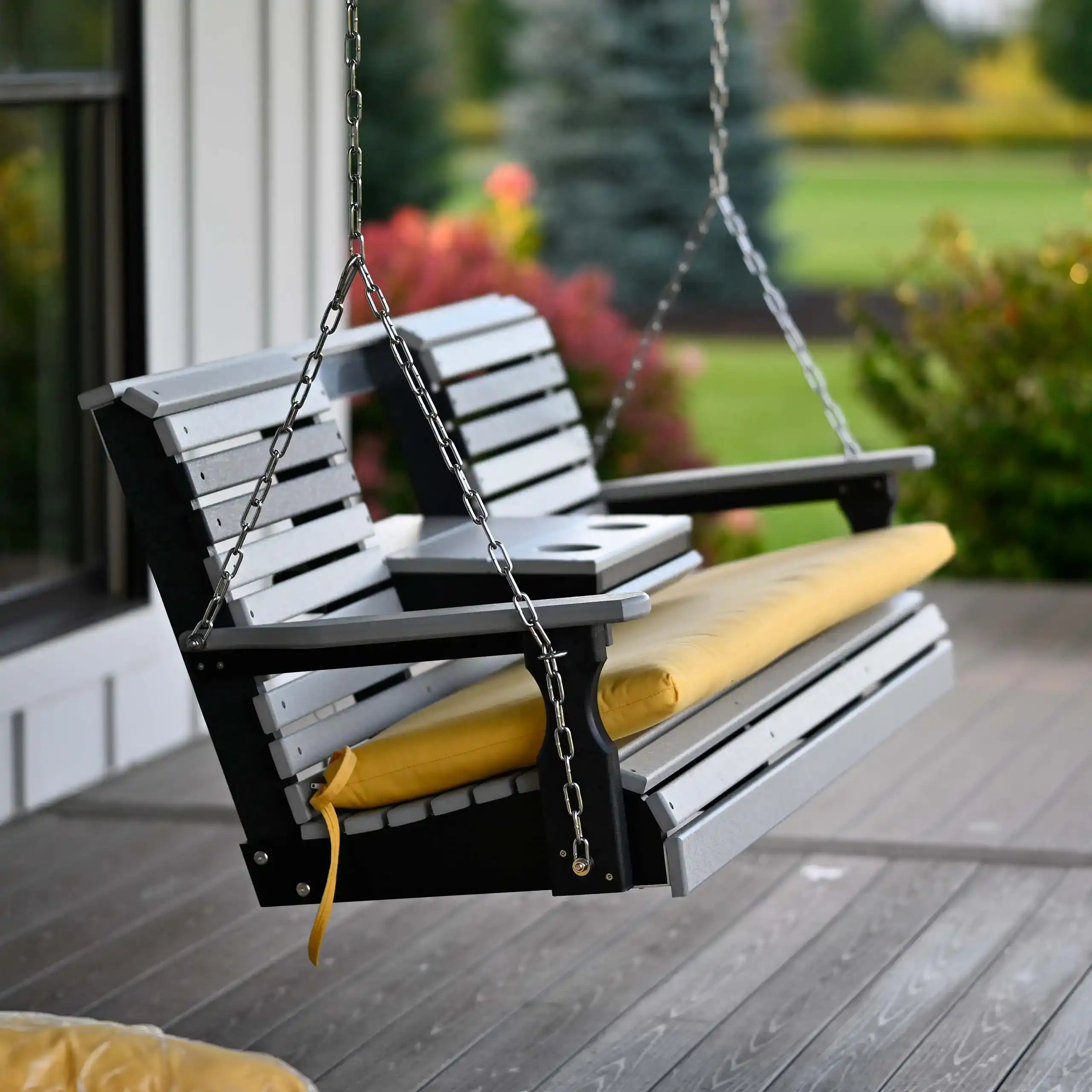 LuxCraft – 5′ Plain Porch Swing – Outdoor Swing with Cup Holders for Three