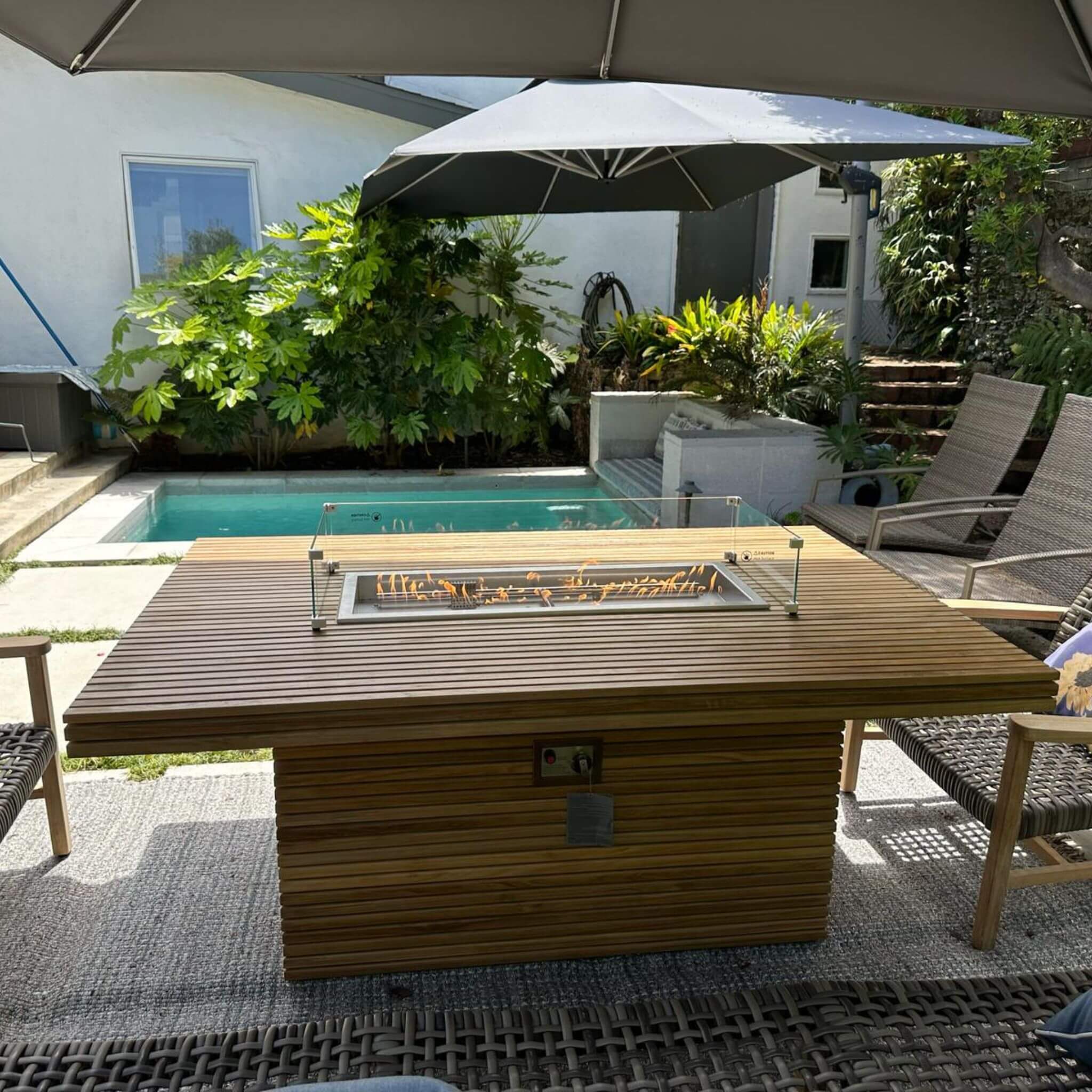 Anderson Teak Louvre Fire Pit Dining Table – Large Teak Outdoor Patio Table