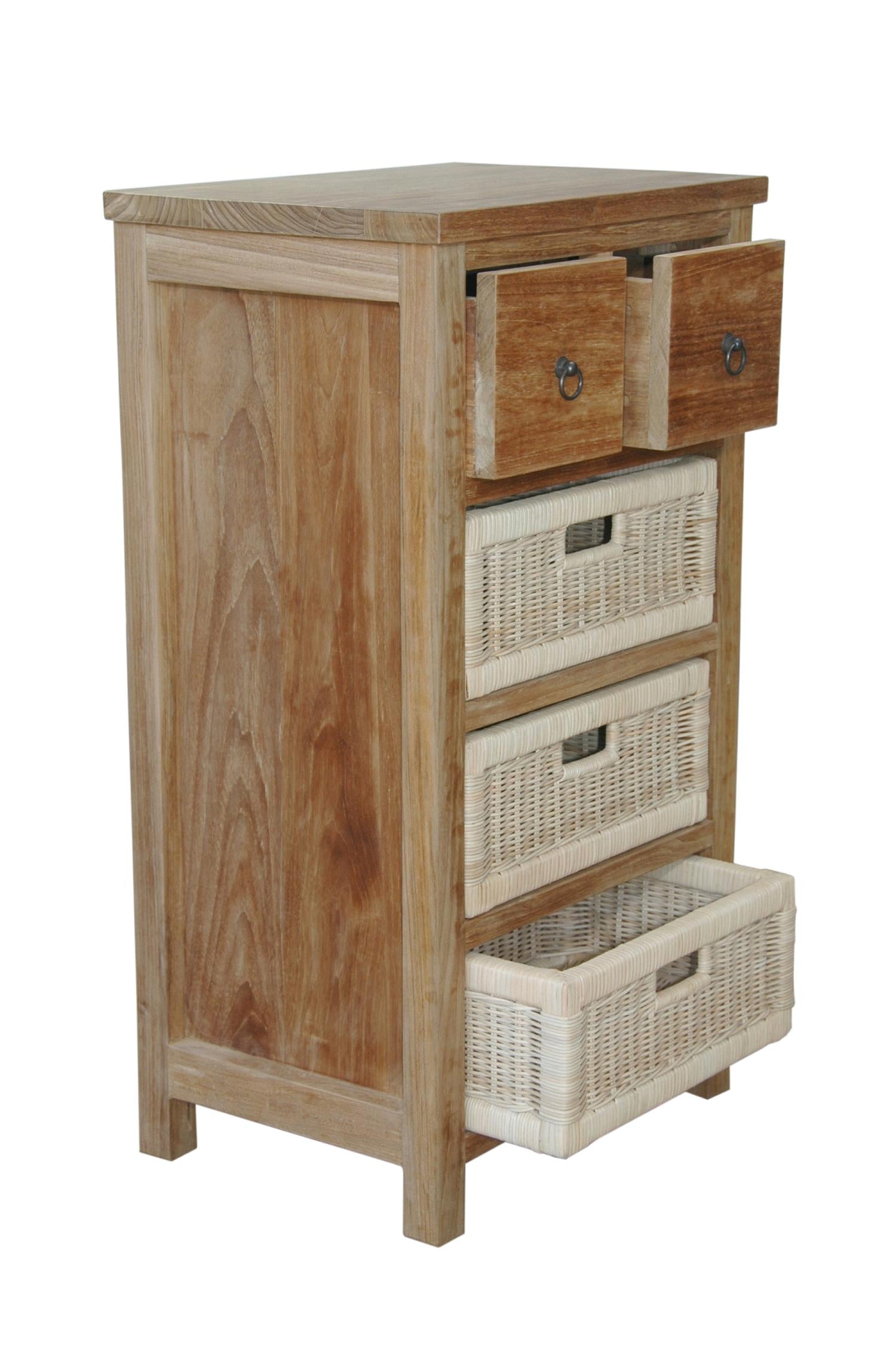 Anderson Teak Safari Occasional Table with Drawers & Rattan Baskets – Teak Storage Side Table