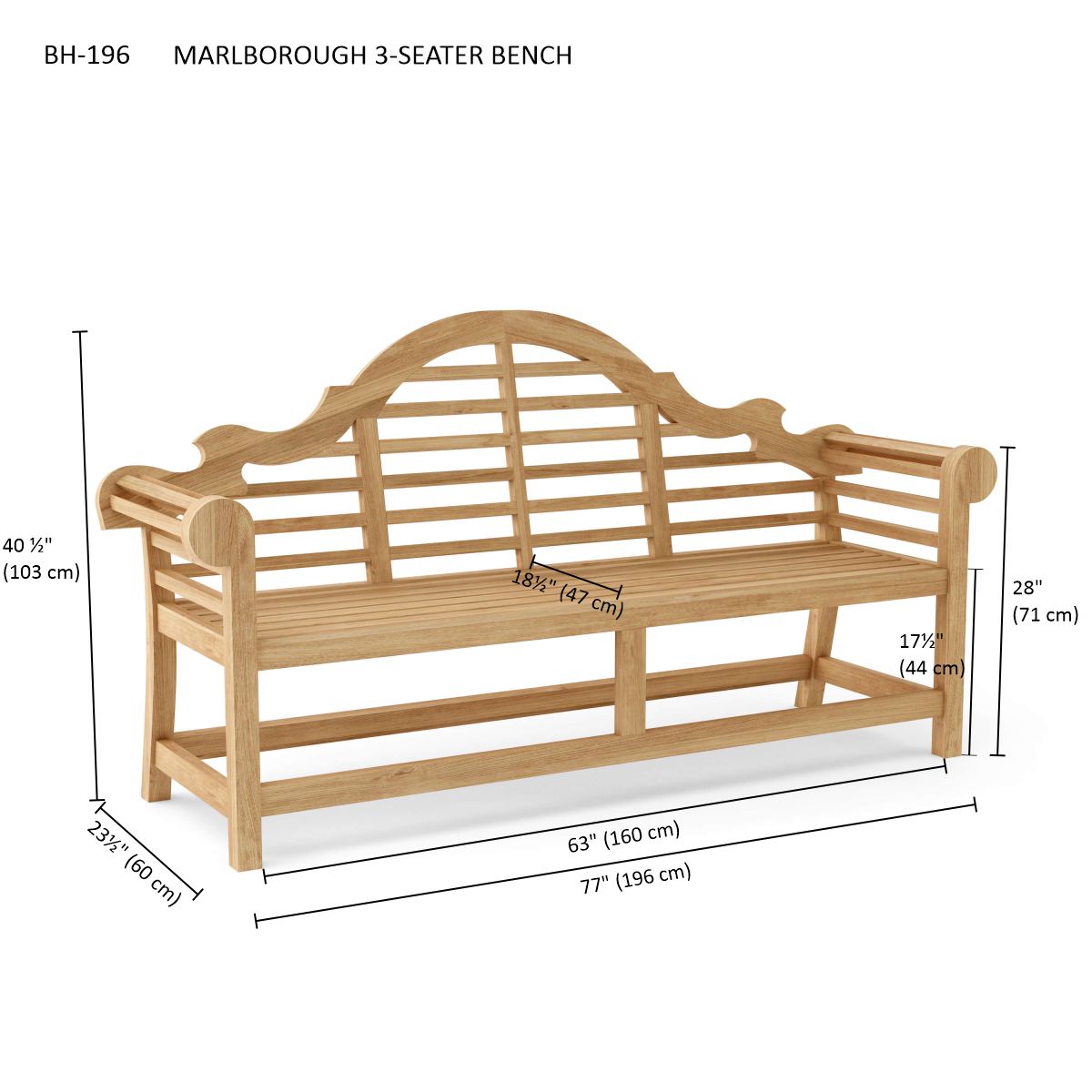 Anderson Teak Marlborough 3-Seater Bench – Lutyens Style Solid Teak Outdoor Garden Bench